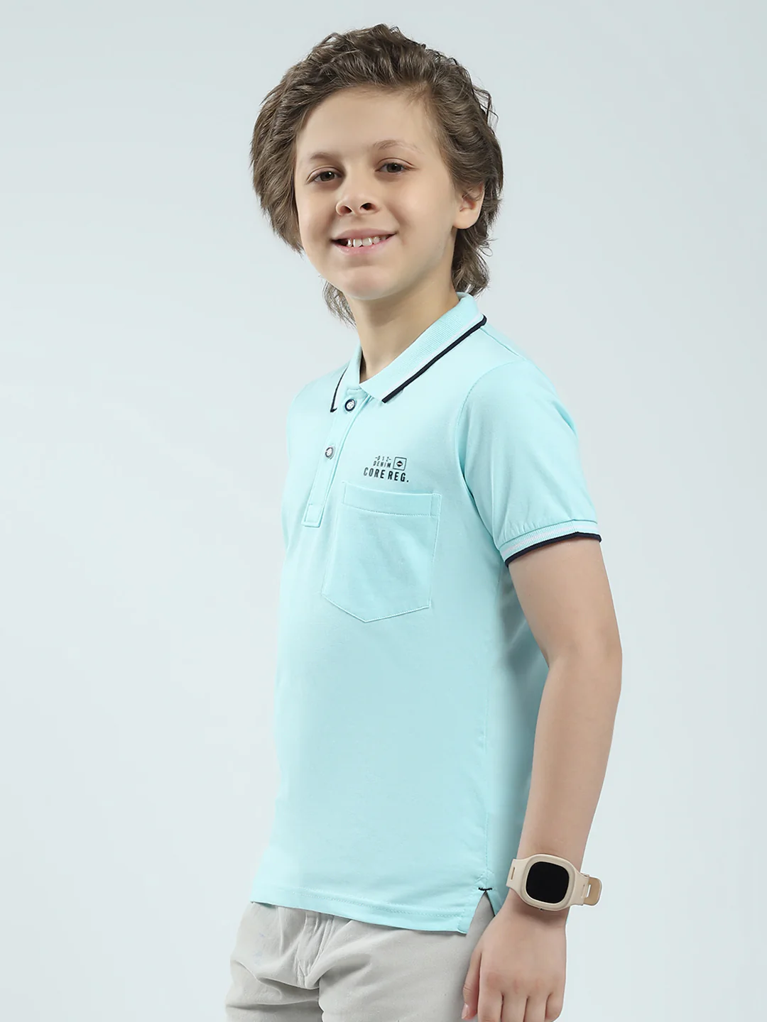 Boys Blue Solid Collar Half Sleeve T-Shirt - Image 3