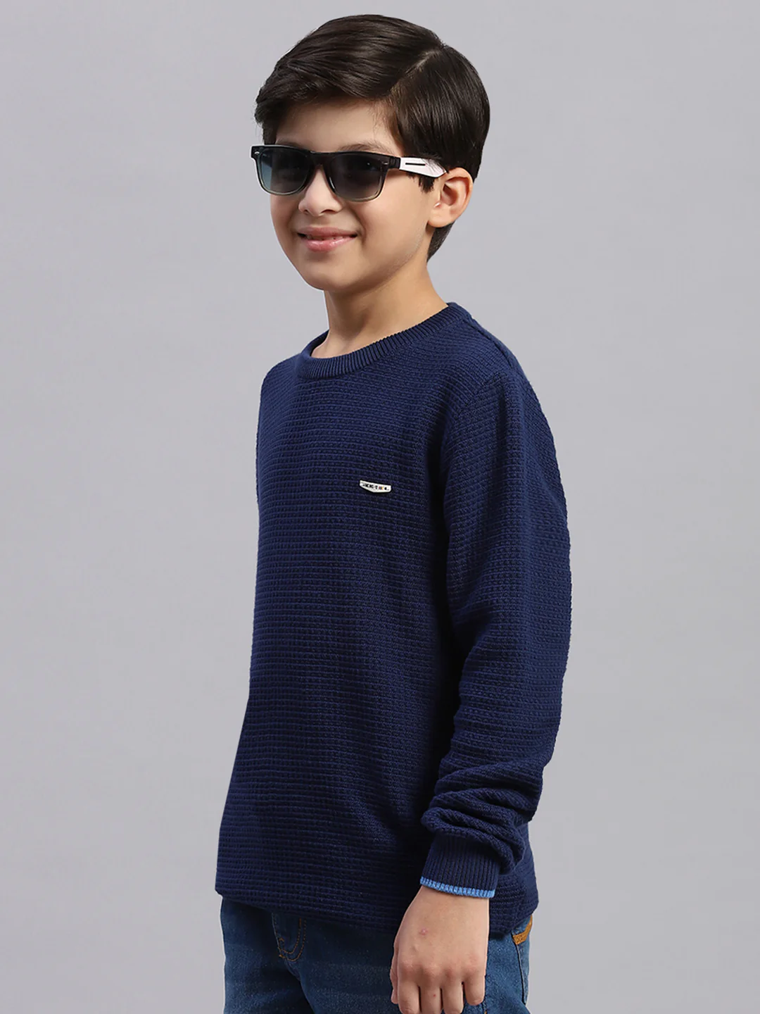 Boys Blue Solid Round Neck Full Sleeve Sweater - Image 3