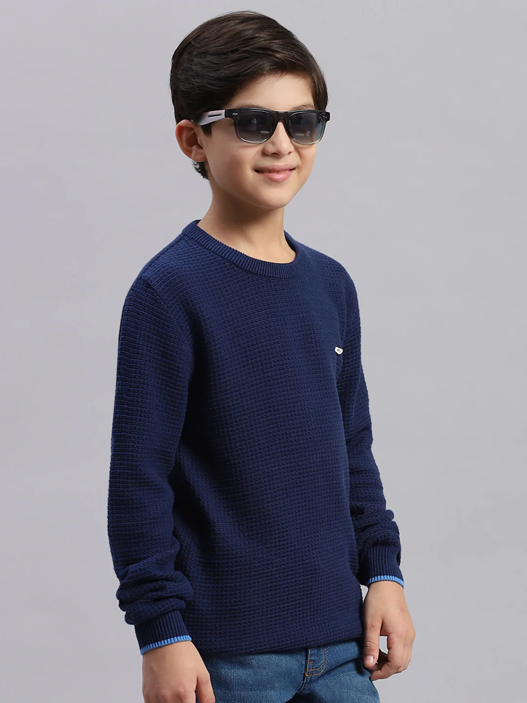 Boys Blue Solid Round Neck Full Sleeve Sweater - Image 4