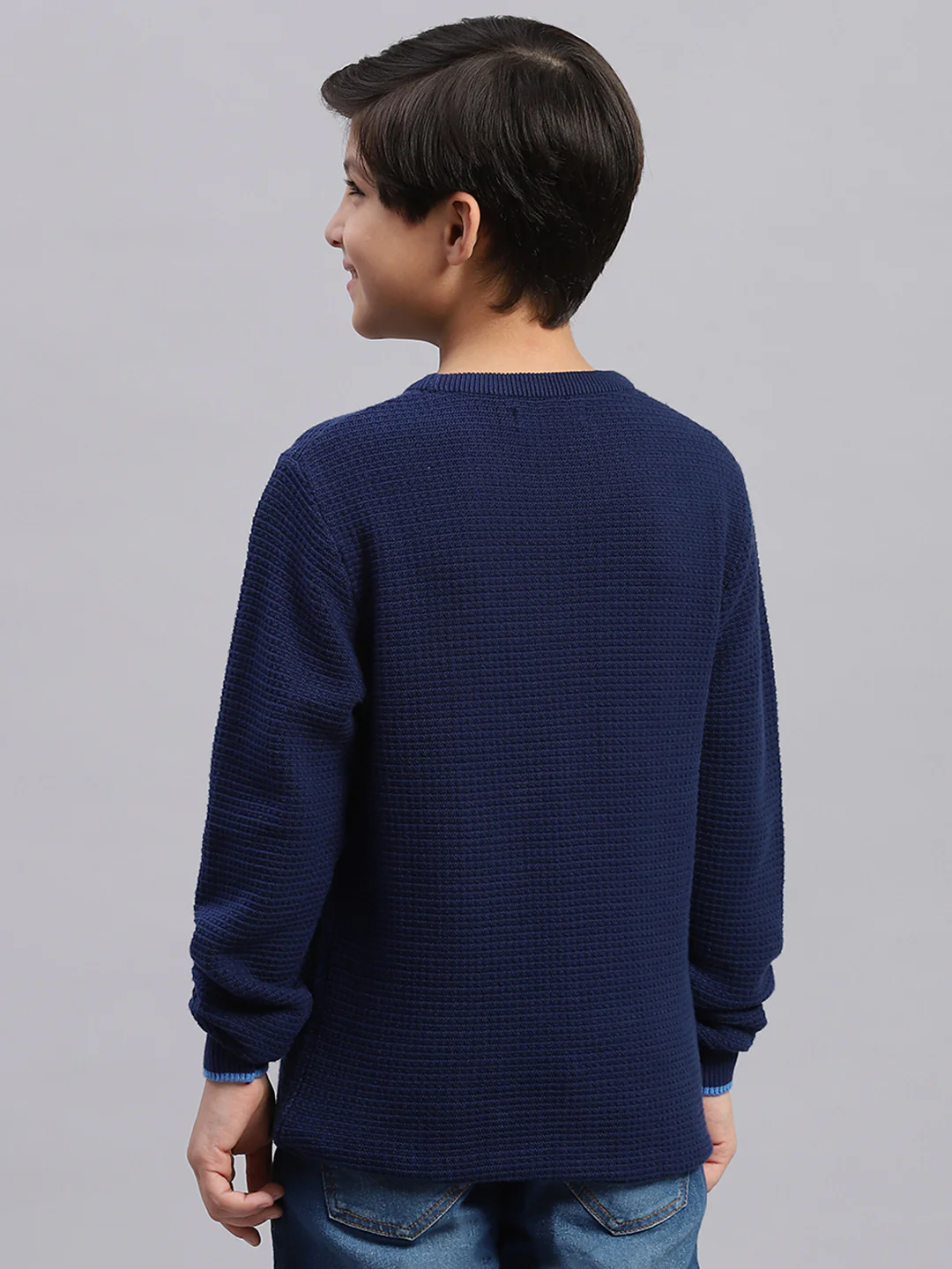 Boys Blue Solid Round Neck Full Sleeve Sweater - Image 5
