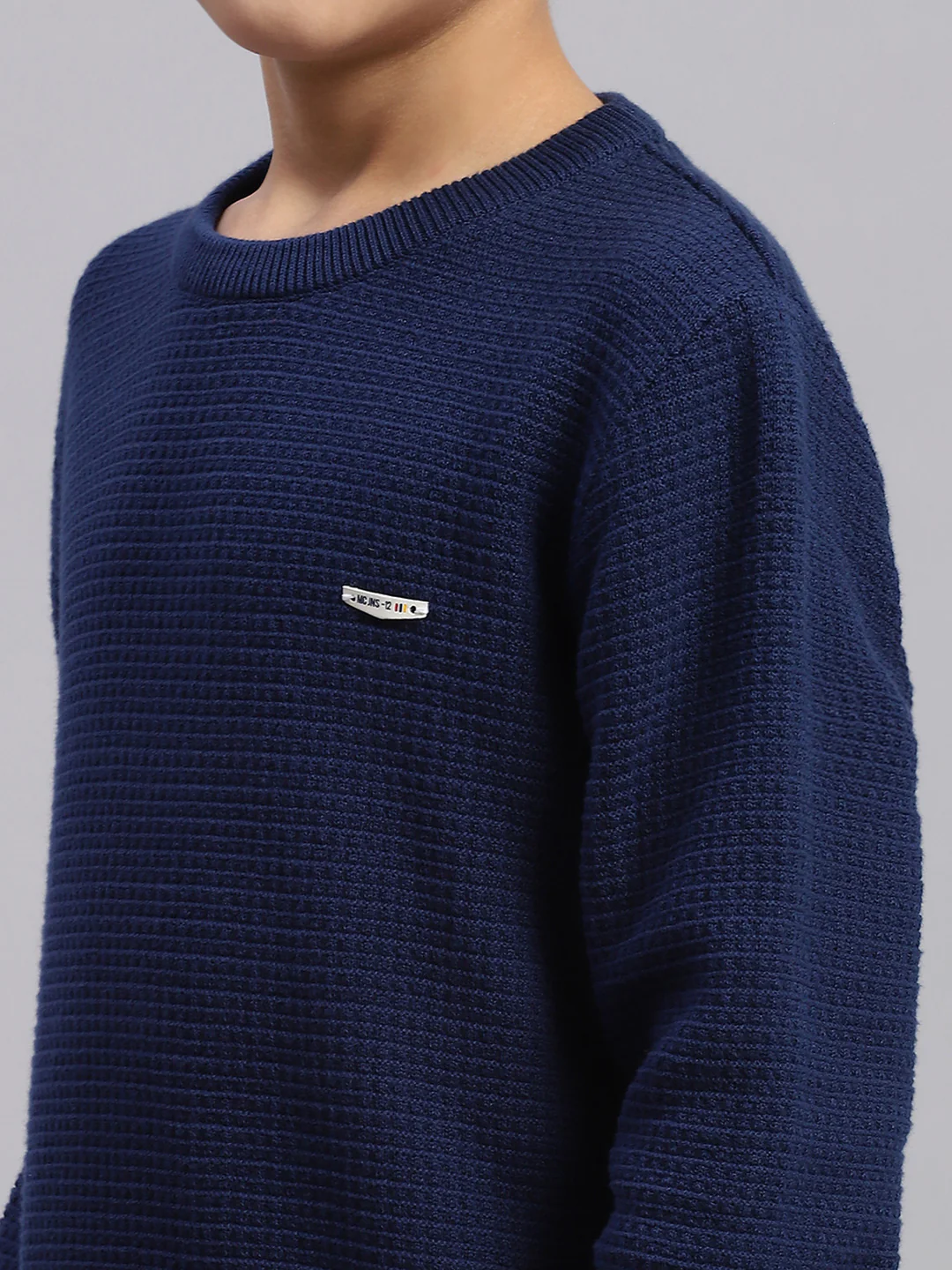 Boys Blue Solid Round Neck Full Sleeve Sweater - Image 6