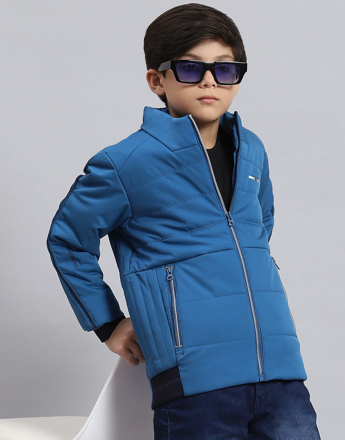Boys Blue Solid Stand Collar Full Sleeve Boys Jacket - Image 2