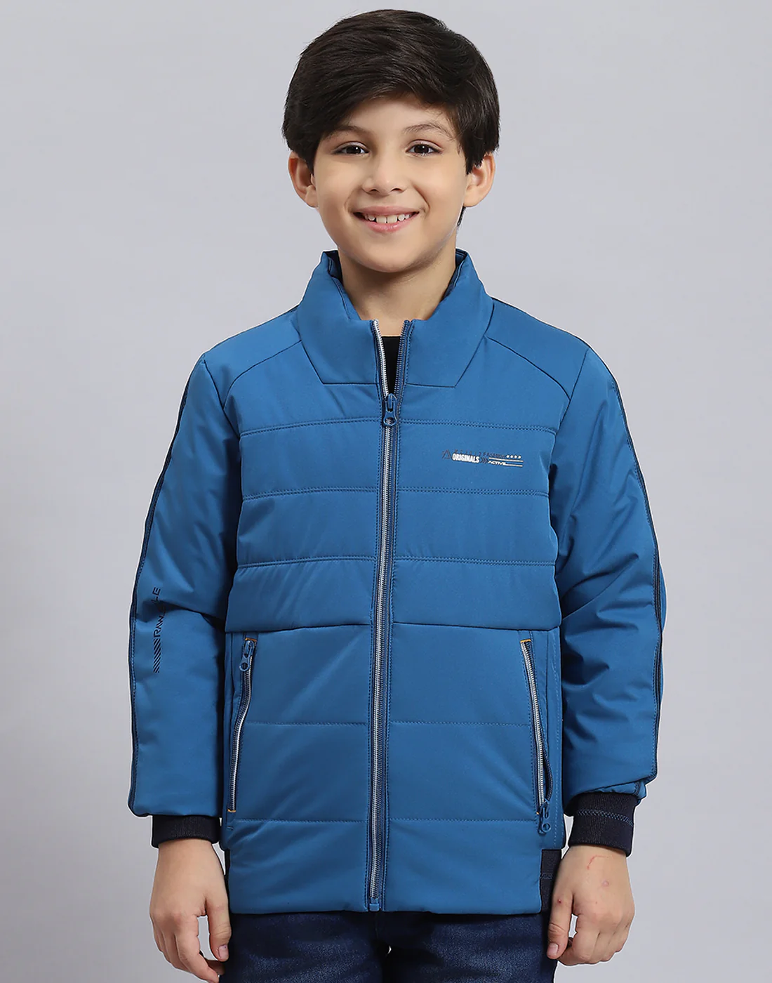 Boys Blue Solid Stand Collar Full Sleeve Boys Jacket - Image 3