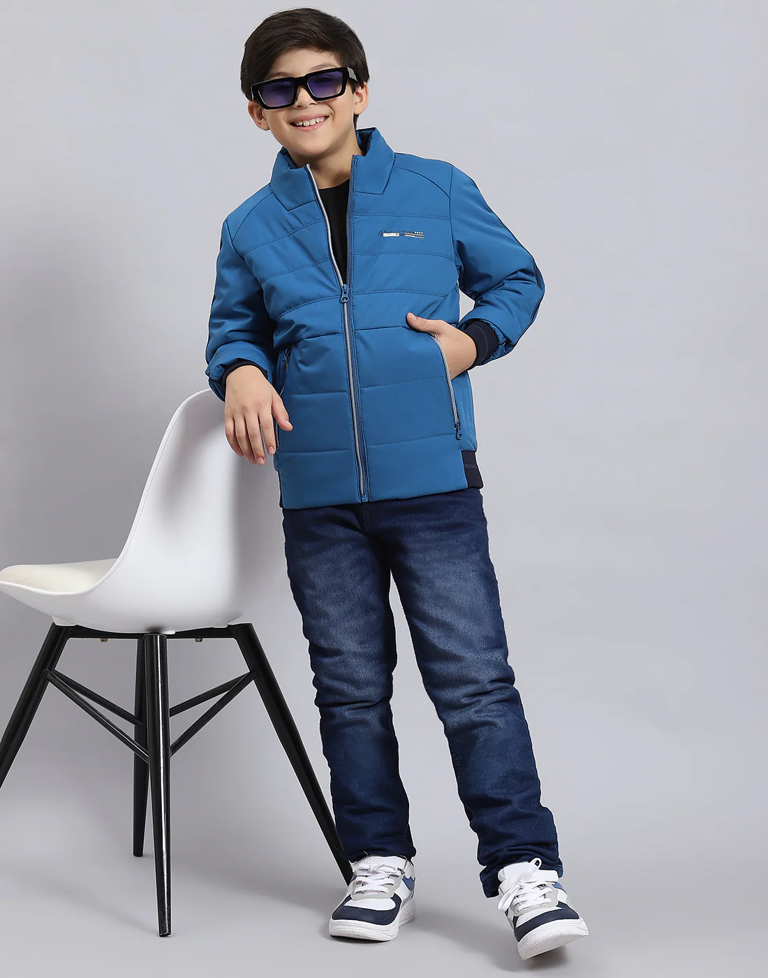 Boys Blue Solid Stand Collar Full Sleeve Boys Jacket - Image 7