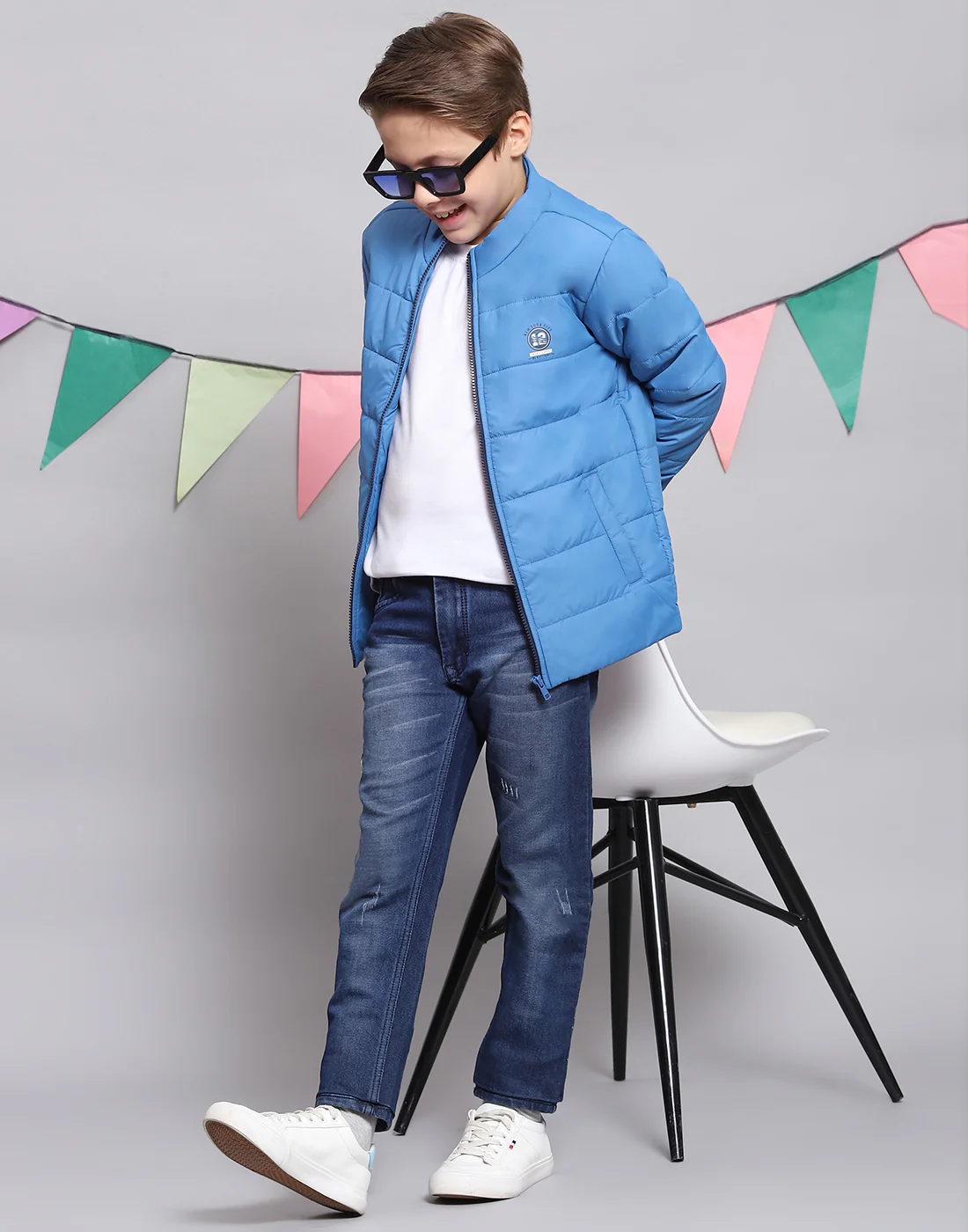 Boys Blue Solid Stand Collar Full Sleeve Boys Jacket - Image 2