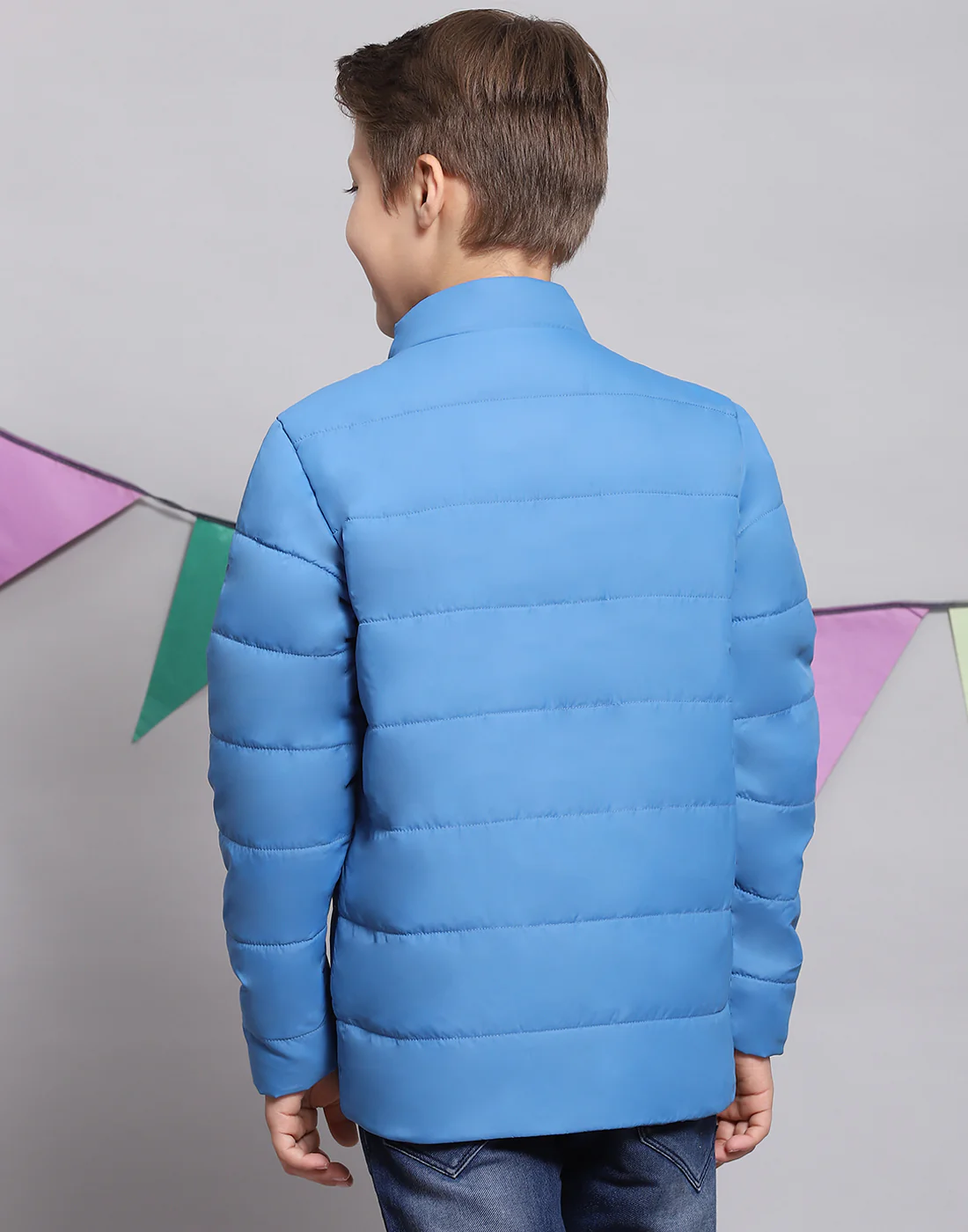 Boys Blue Solid Stand Collar Full Sleeve Boys Jacket - Image 5