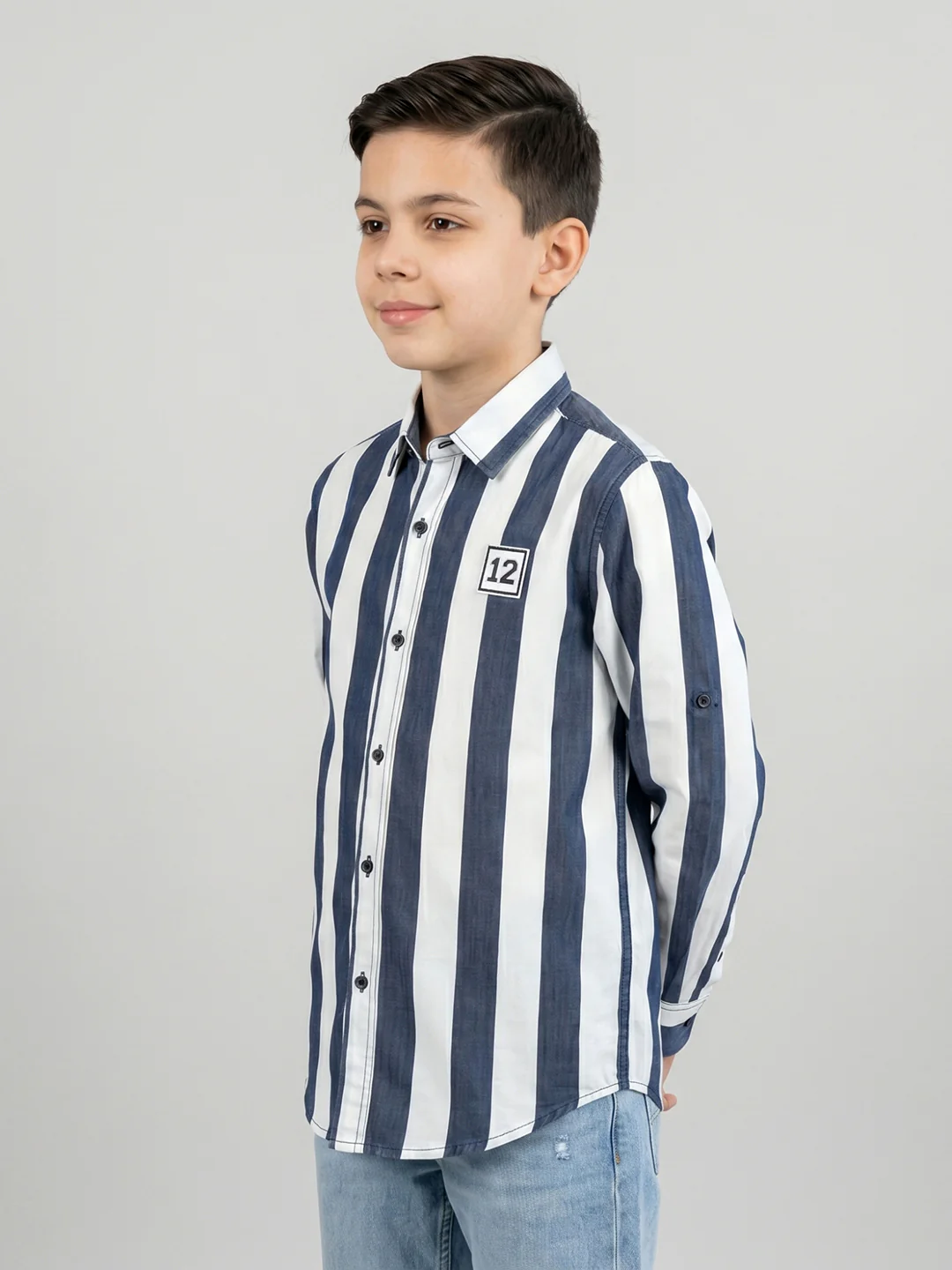 Boys Blue Stripe Collar Full Sleeve Shirt - Image 3