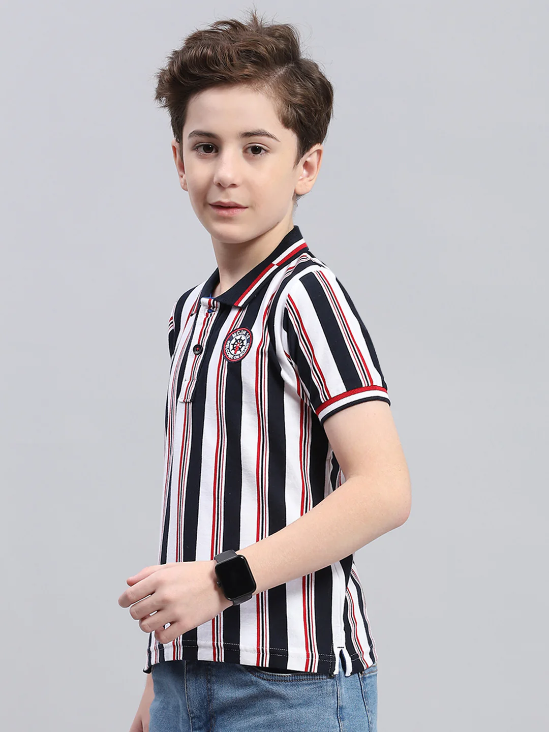 Boys Blue Stripe Collar Half Sleeve T-Shirt - Image 3