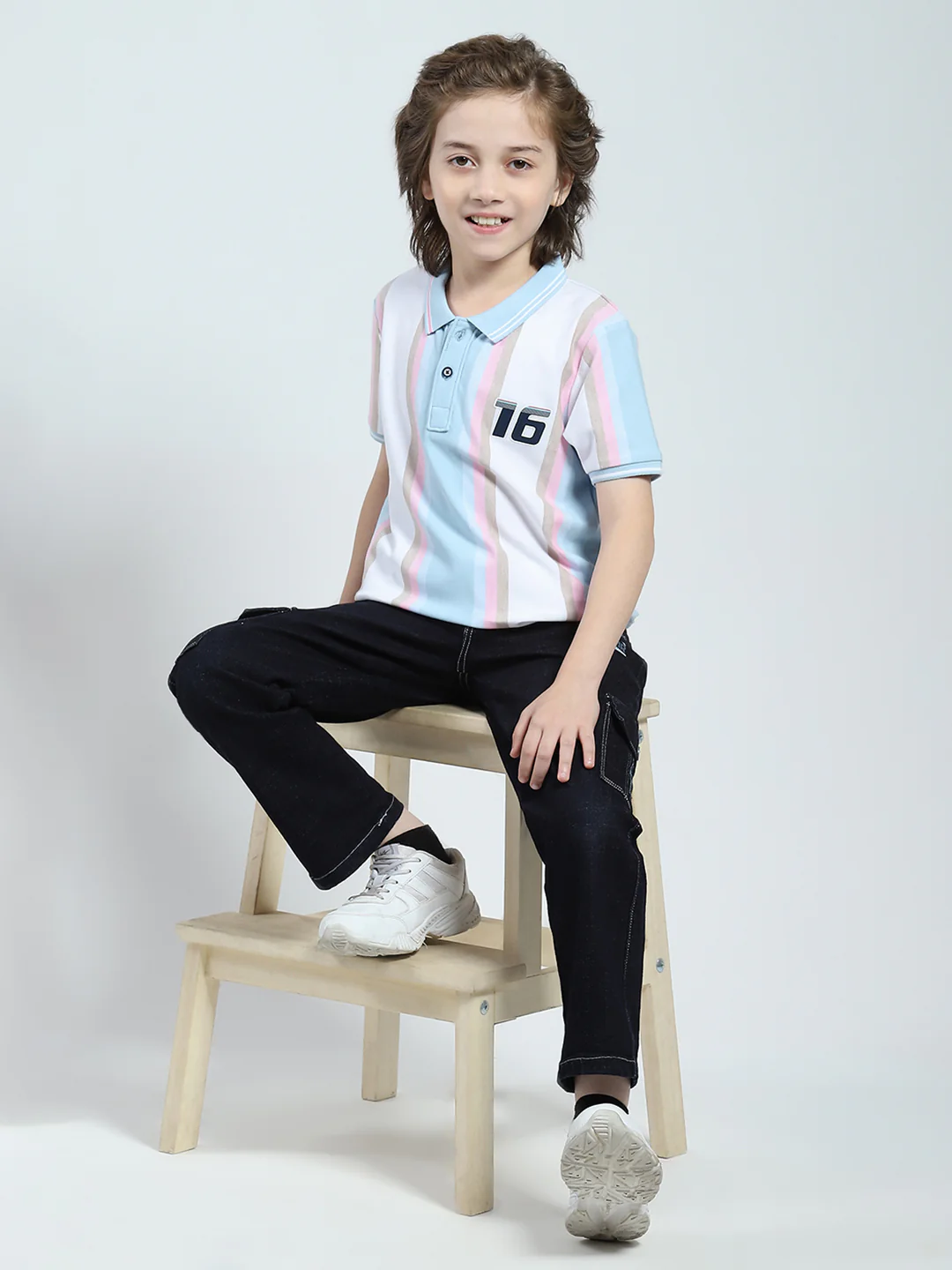 Boys Blue Stripe Collar Half Sleeve T-Shirt - Image 2