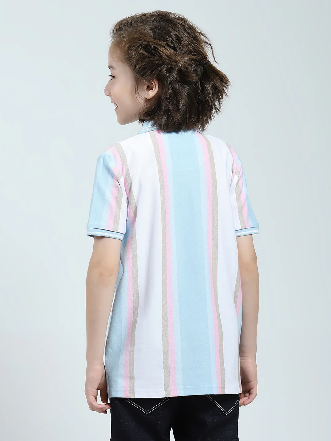 Boys Blue Stripe Collar Half Sleeve T-Shirt - Image 5