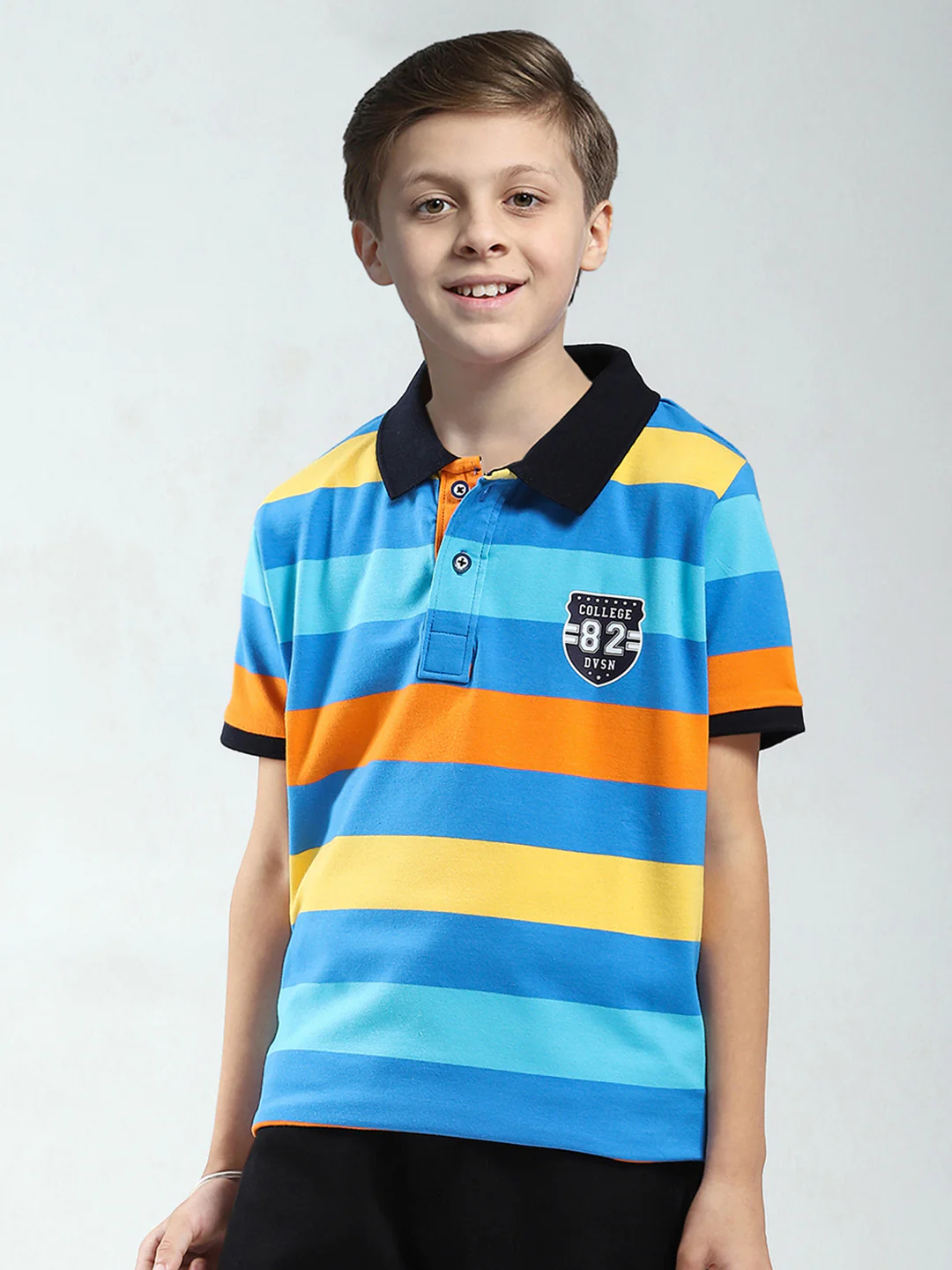 Boys Blue Stripe Collar Half Sleeve T-Shirt - Image 3