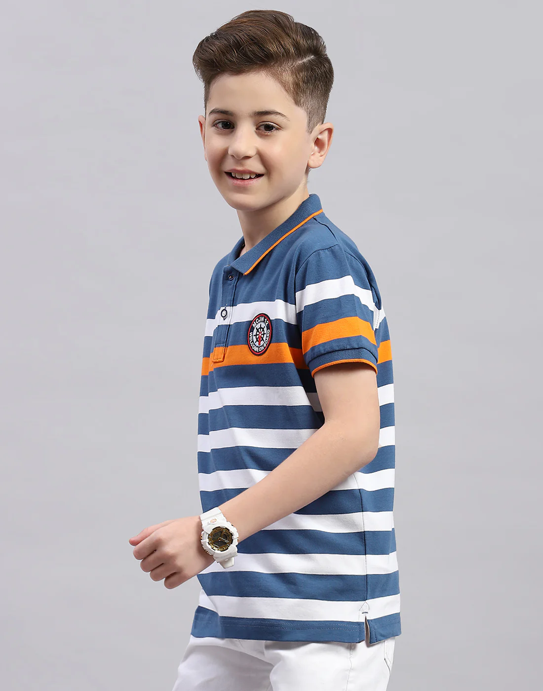 Boys Blue Stripe Polo Collar Half Sleeve T-Shirt - Image 3