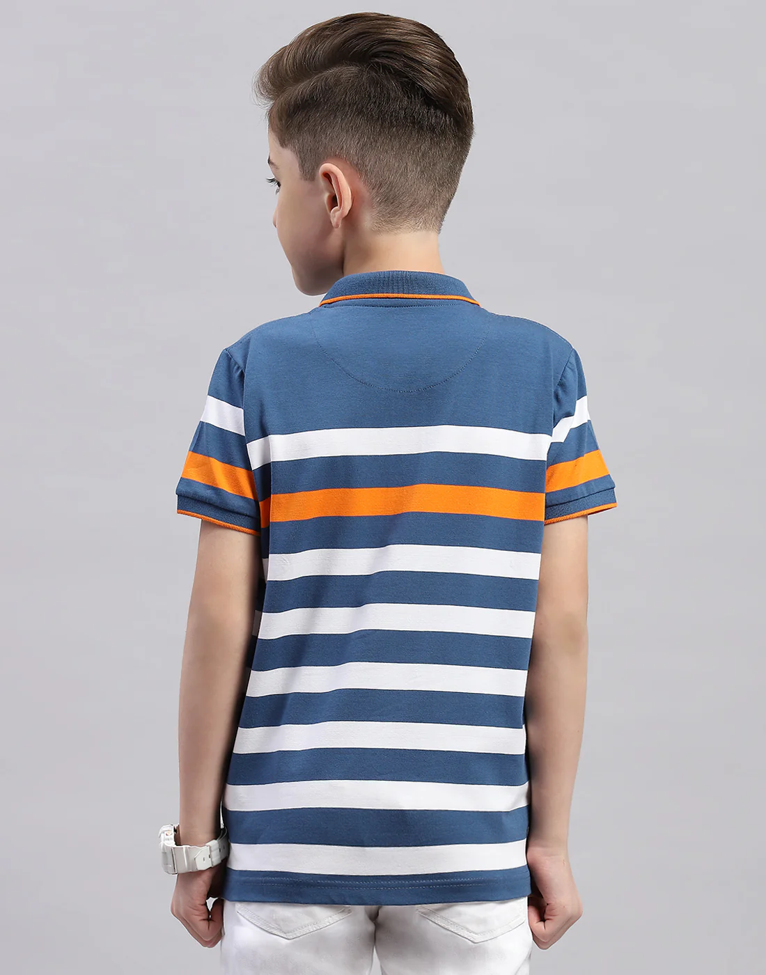 Boys Blue Stripe Polo Collar Half Sleeve T-Shirt - Image 5