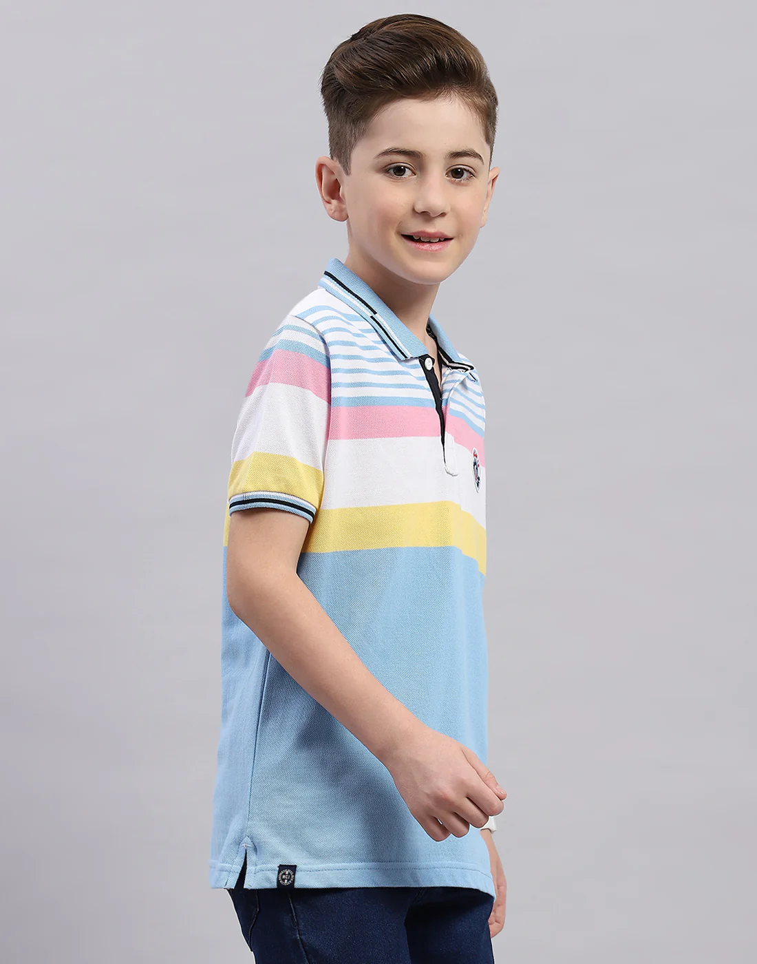 Boys Blue Stripe Polo Collar Half Sleeve T-Shirt - Image 4