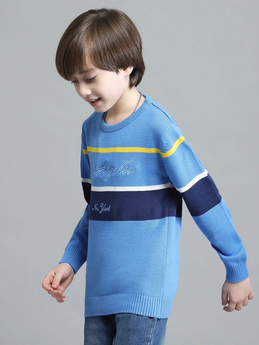 Boys Blue Stripe Round Neck Full Sleeve Pullover - Image 3