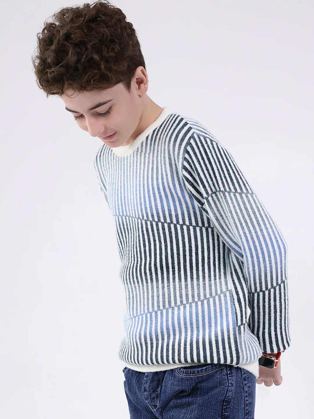 Boys Blue Stripe Round Neck Full Sleeve Pullover - Image 3