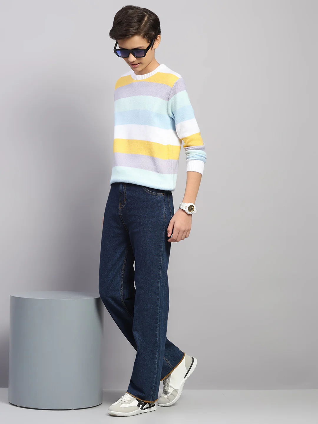 Boys Blue Stripe Round Neck Full Sleeve Pullover - Image 2