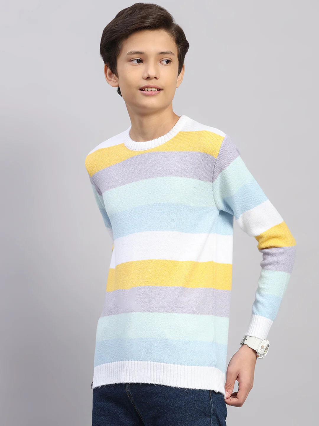 Boys Blue Stripe Round Neck Full Sleeve Pullover - Image 3