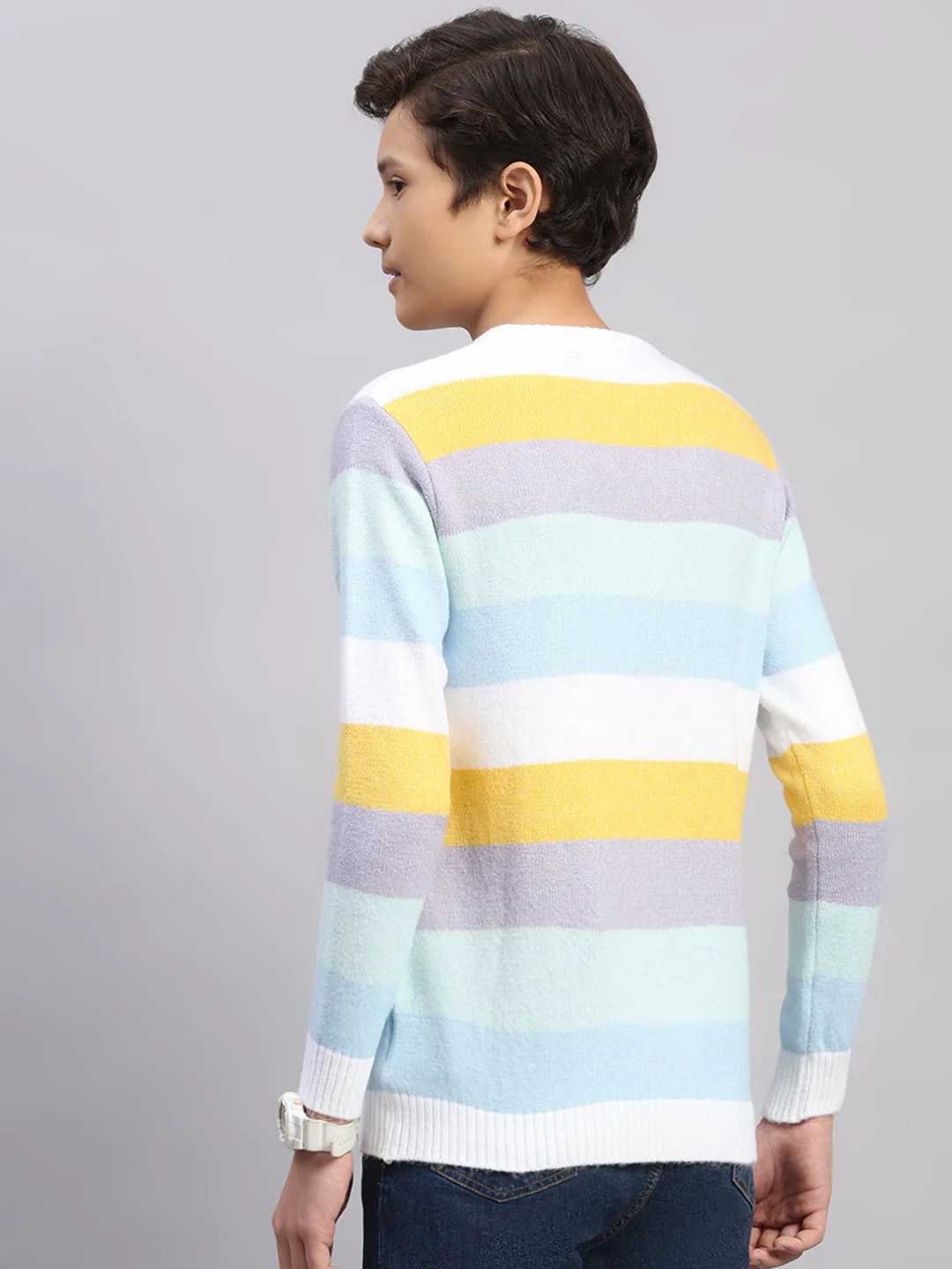 Boys Blue Stripe Round Neck Full Sleeve Pullover - Image 5