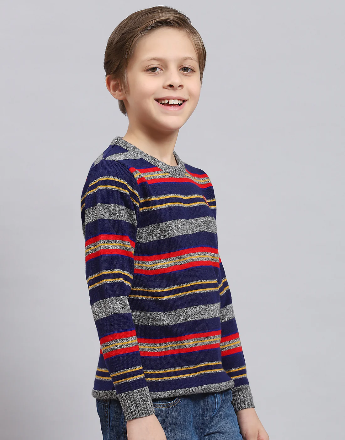 Boys Blue Stripe Round Neck Full Sleeve Sweater - Image 4