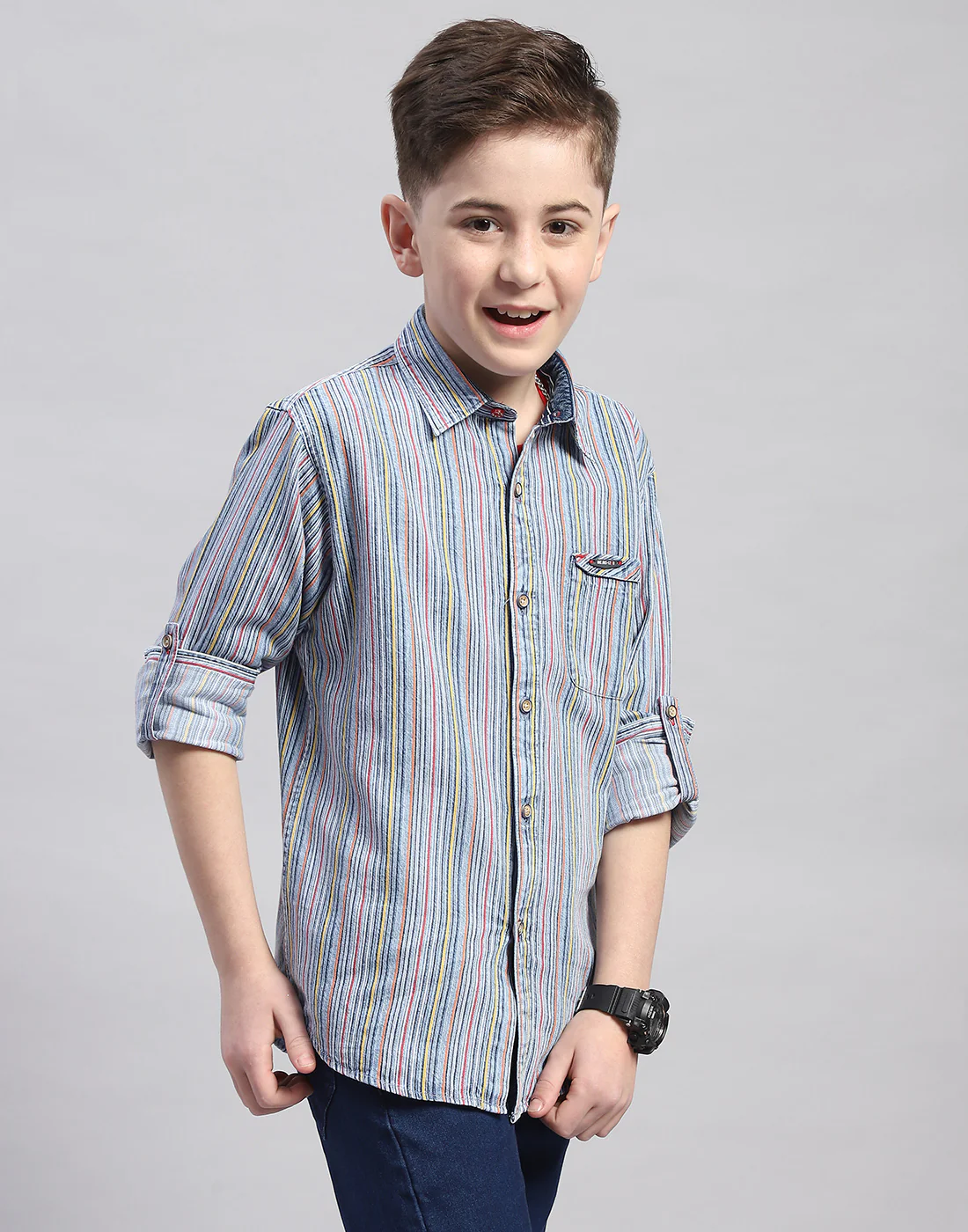 Boys Blue Stripe Spread Collar Full Sleeve Shirt - Image 4
