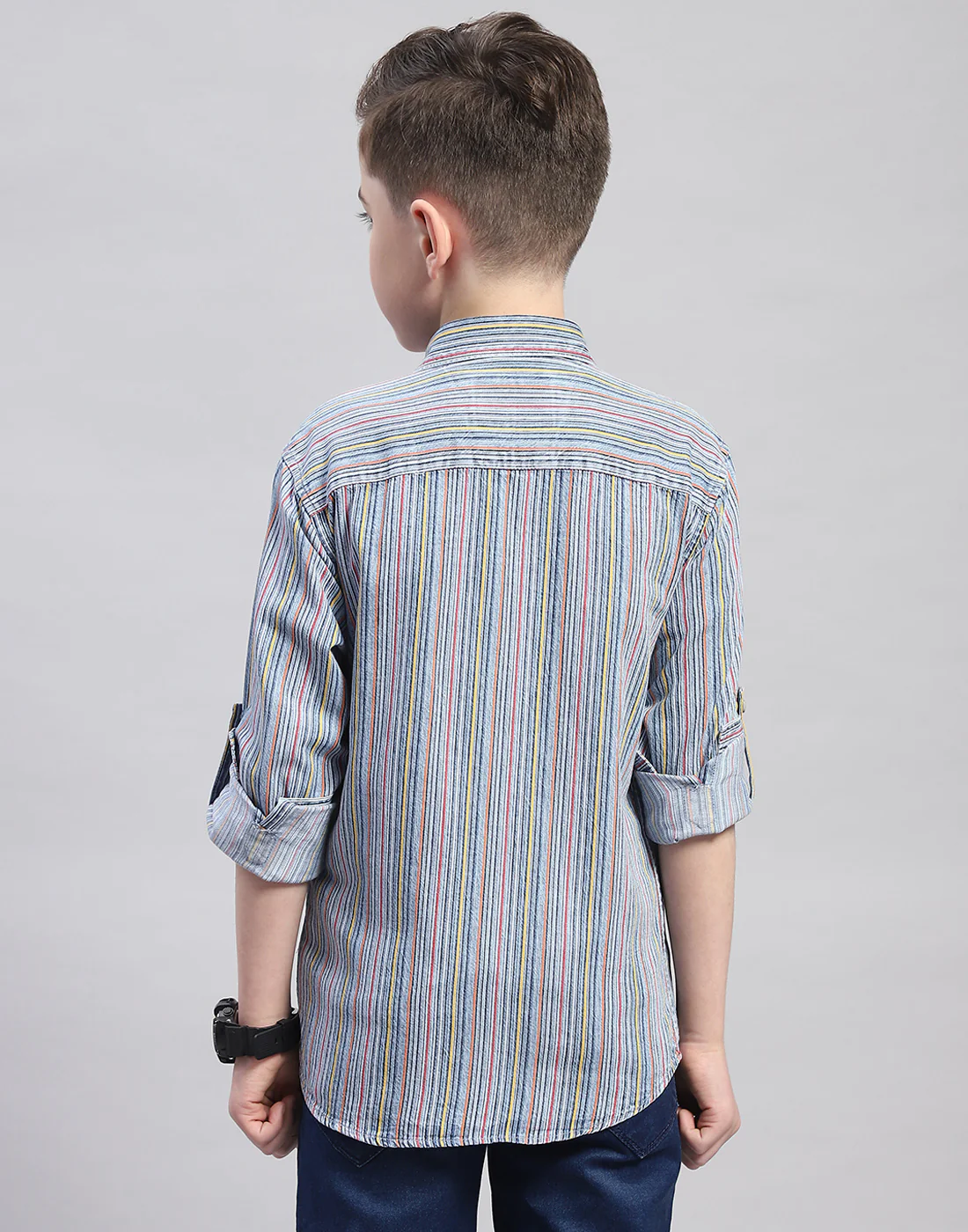 Boys Blue Stripe Spread Collar Full Sleeve Shirt - Image 5