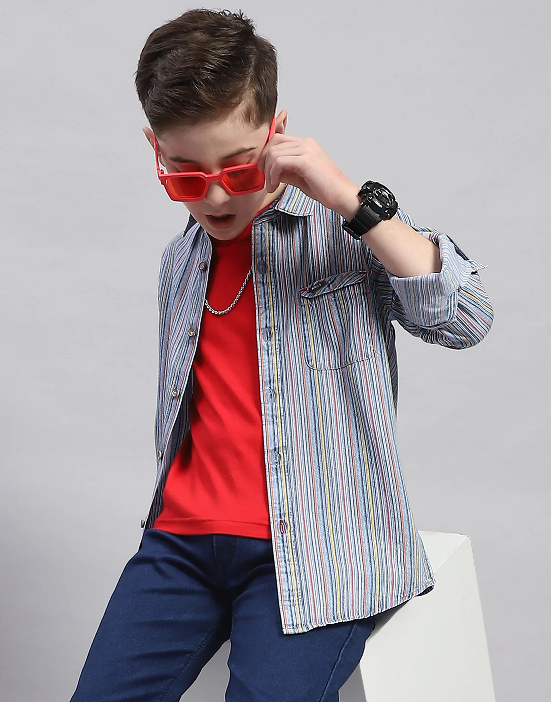 Boys Blue Stripe Spread Collar Full Sleeve Shirt - Image 6