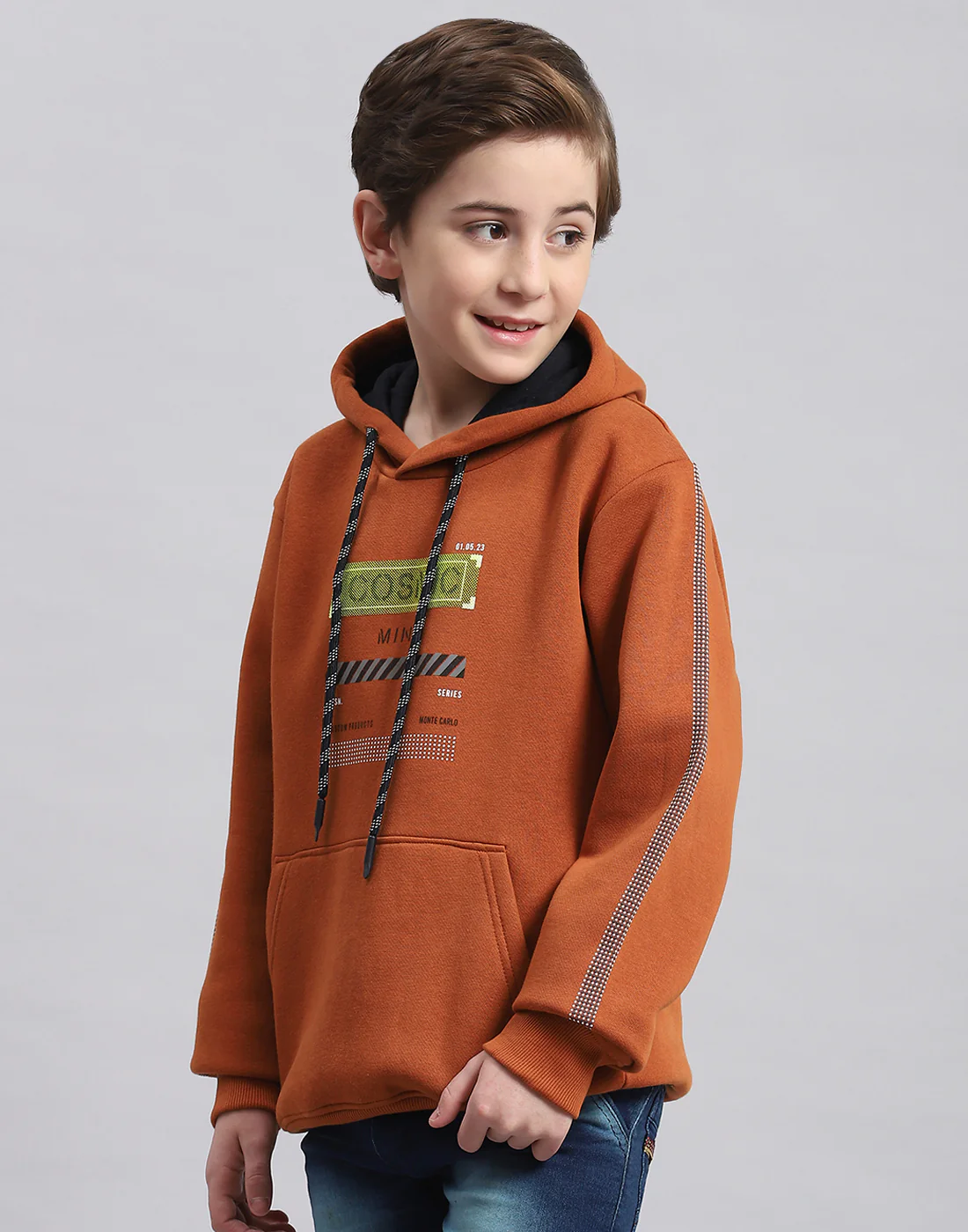 Boys Brown Printed Hooded Full Sleeve Sweatshirt - Image 3