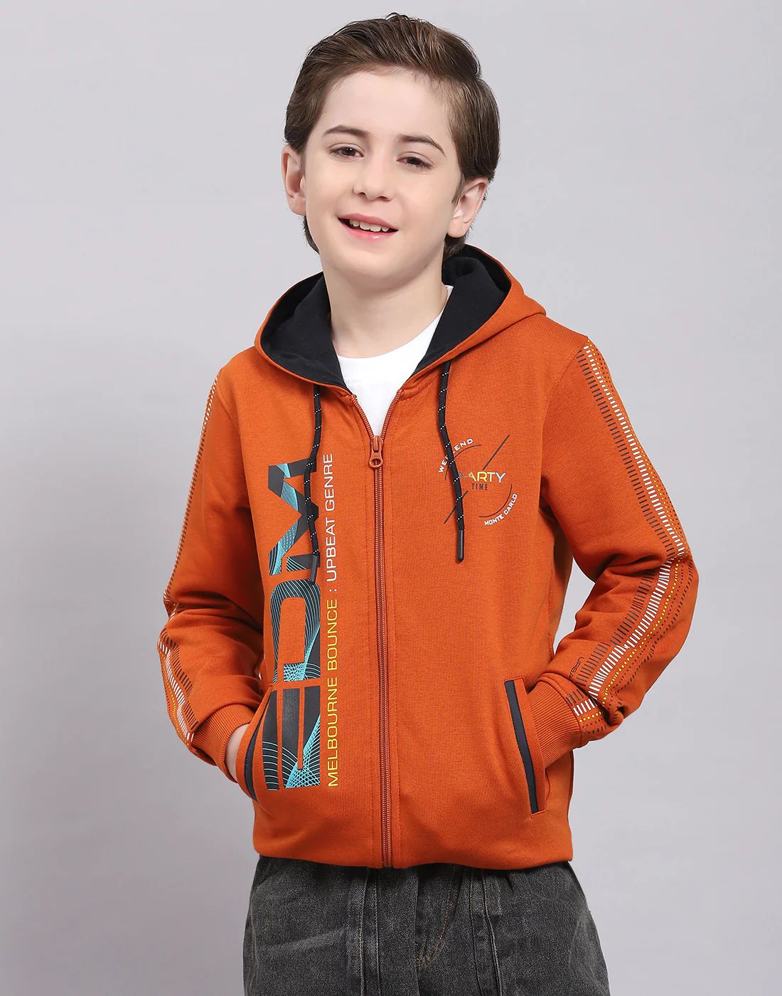 Boys Brown Printed Hooded Full Sleeve Sweatshirt - Image 2