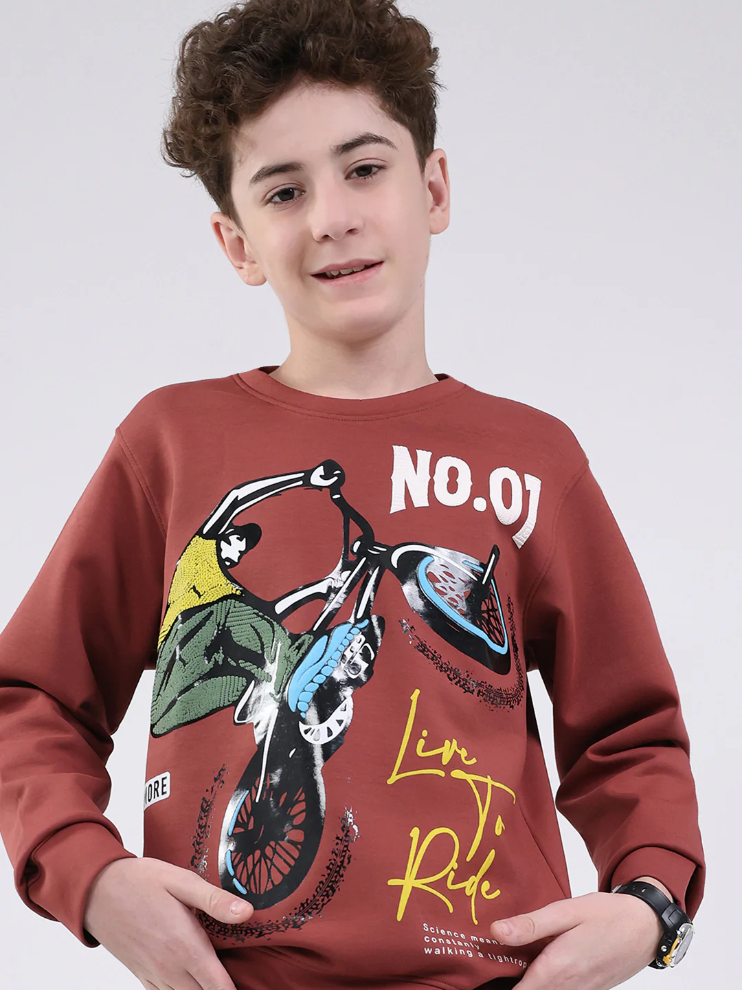 Boys Brown Printed Round Neck Full Sleeve Sweatshirt - Image 6