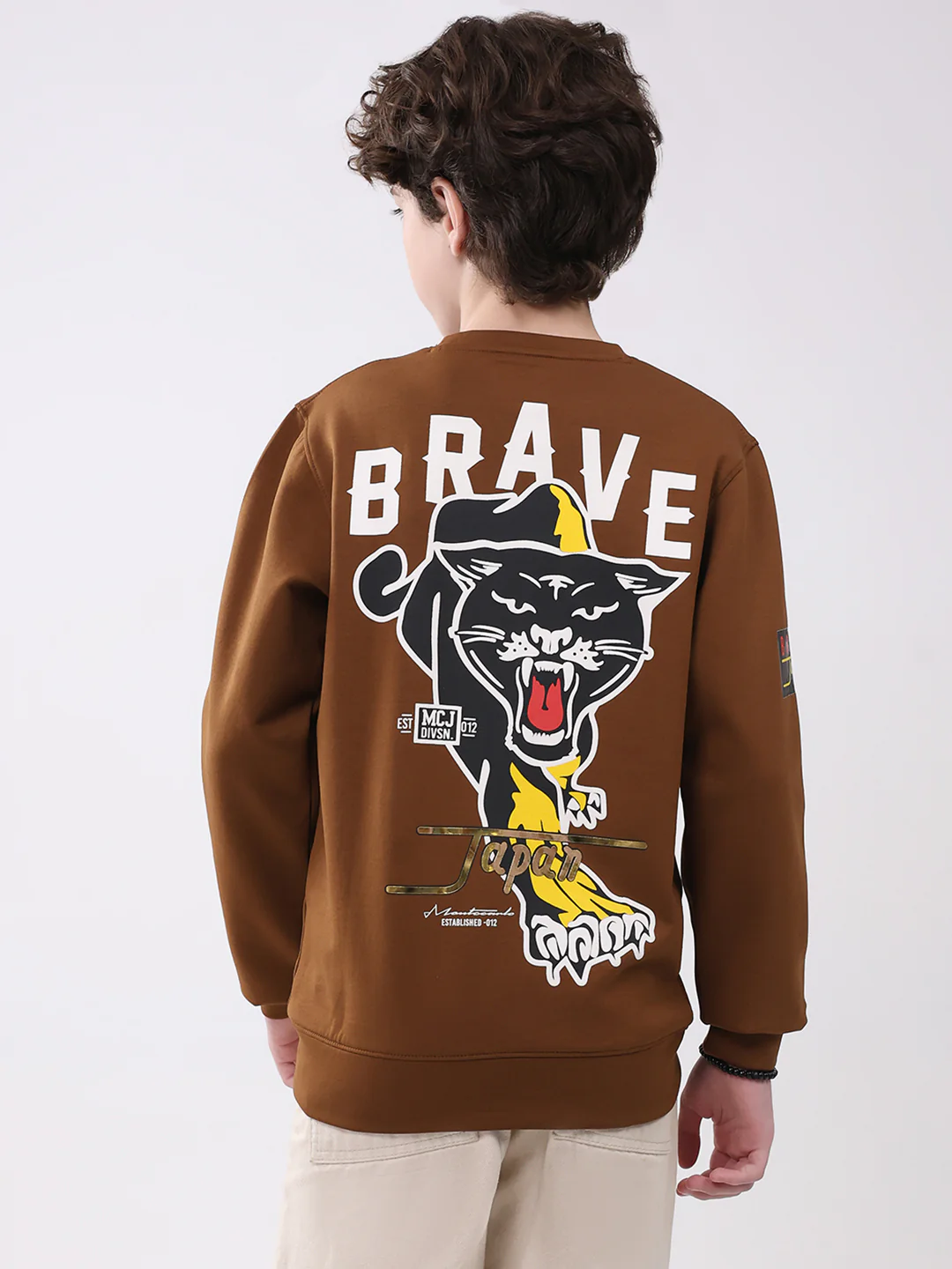 Boys Brown Printed Round Neck Full Sleeve Sweatshirt - Image 5