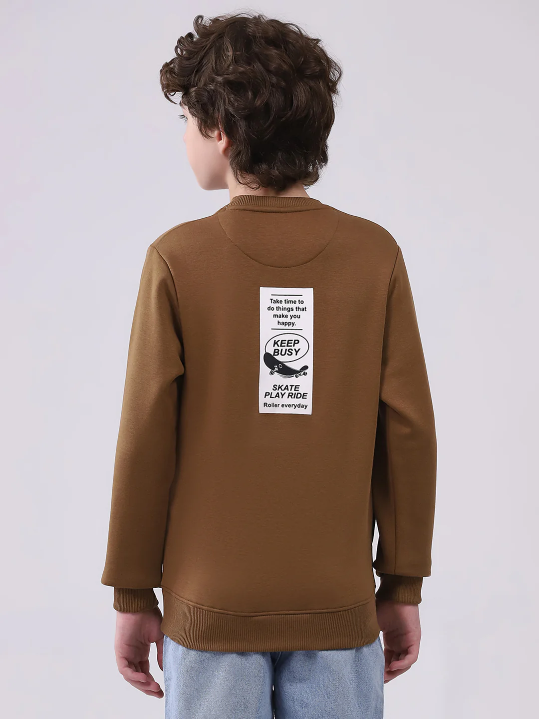 Boys Brown Printed Round Neck Full Sleeve Sweatshirt - Image 5