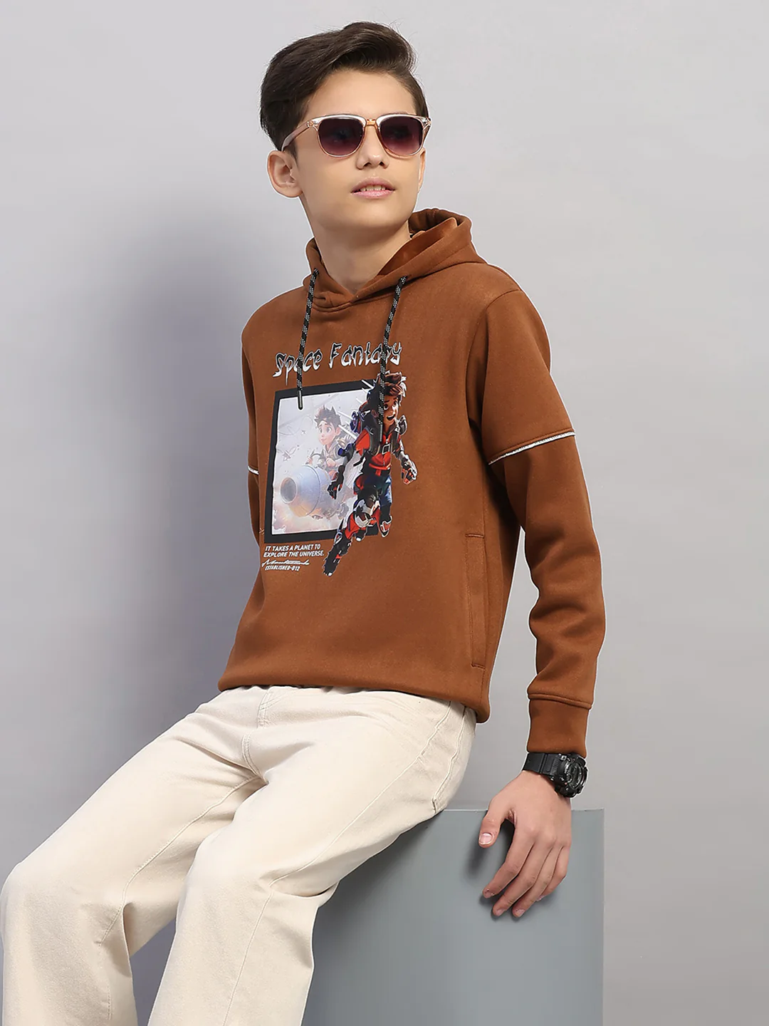 Boys Brown Printed Round Neck Full Sleeve Sweatshirt - Image 6