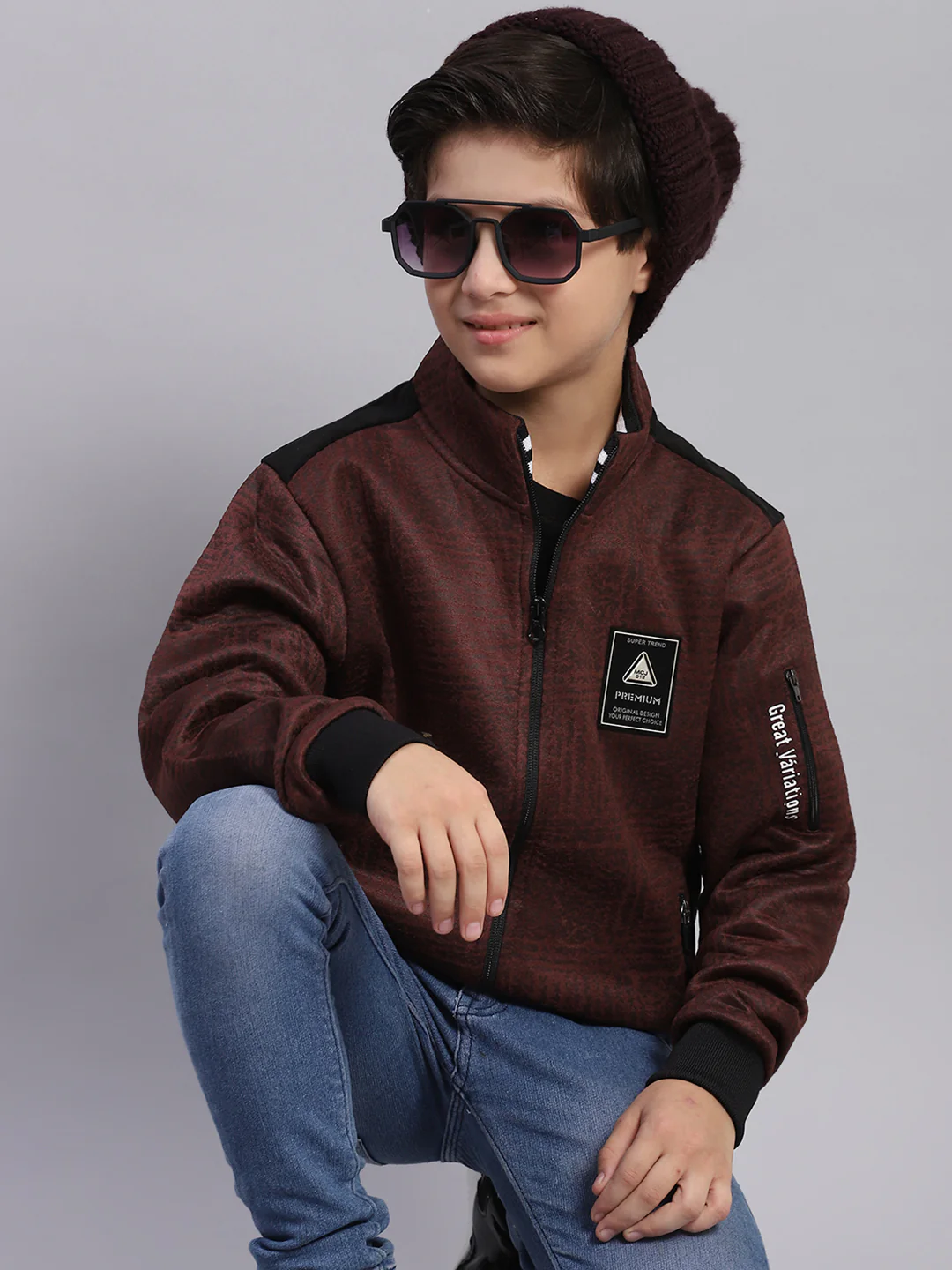 Boys Brown Printed Stand Collar Full Sleeve Sweatshirt - Image 2