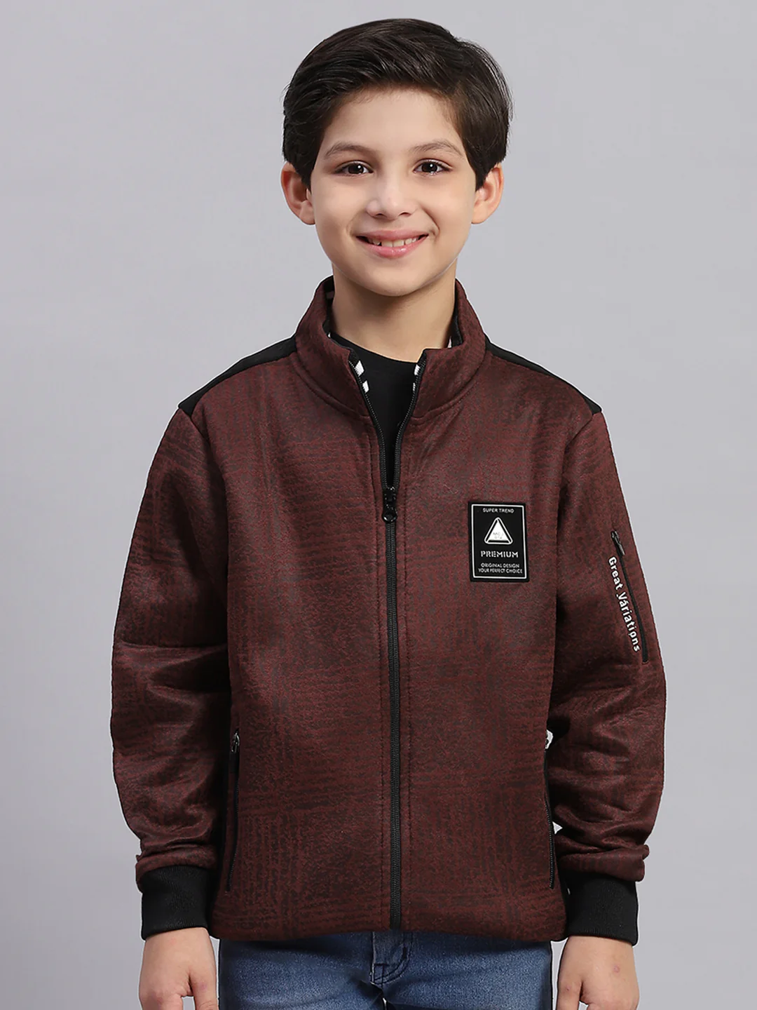 Boys Brown Printed Stand Collar Full Sleeve Sweatshirt - Image 3