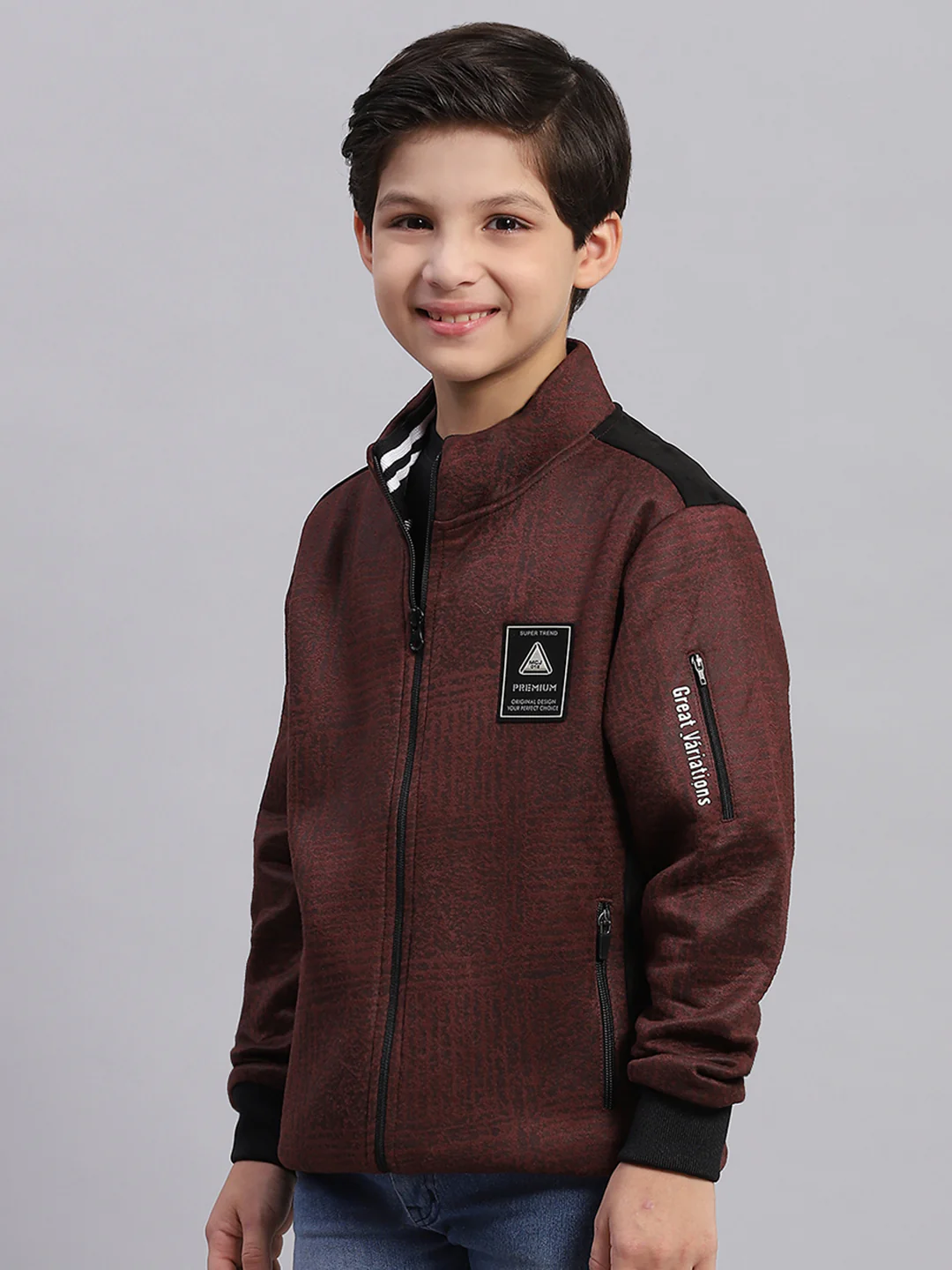 Boys Brown Printed Stand Collar Full Sleeve Sweatshirt - Image 4