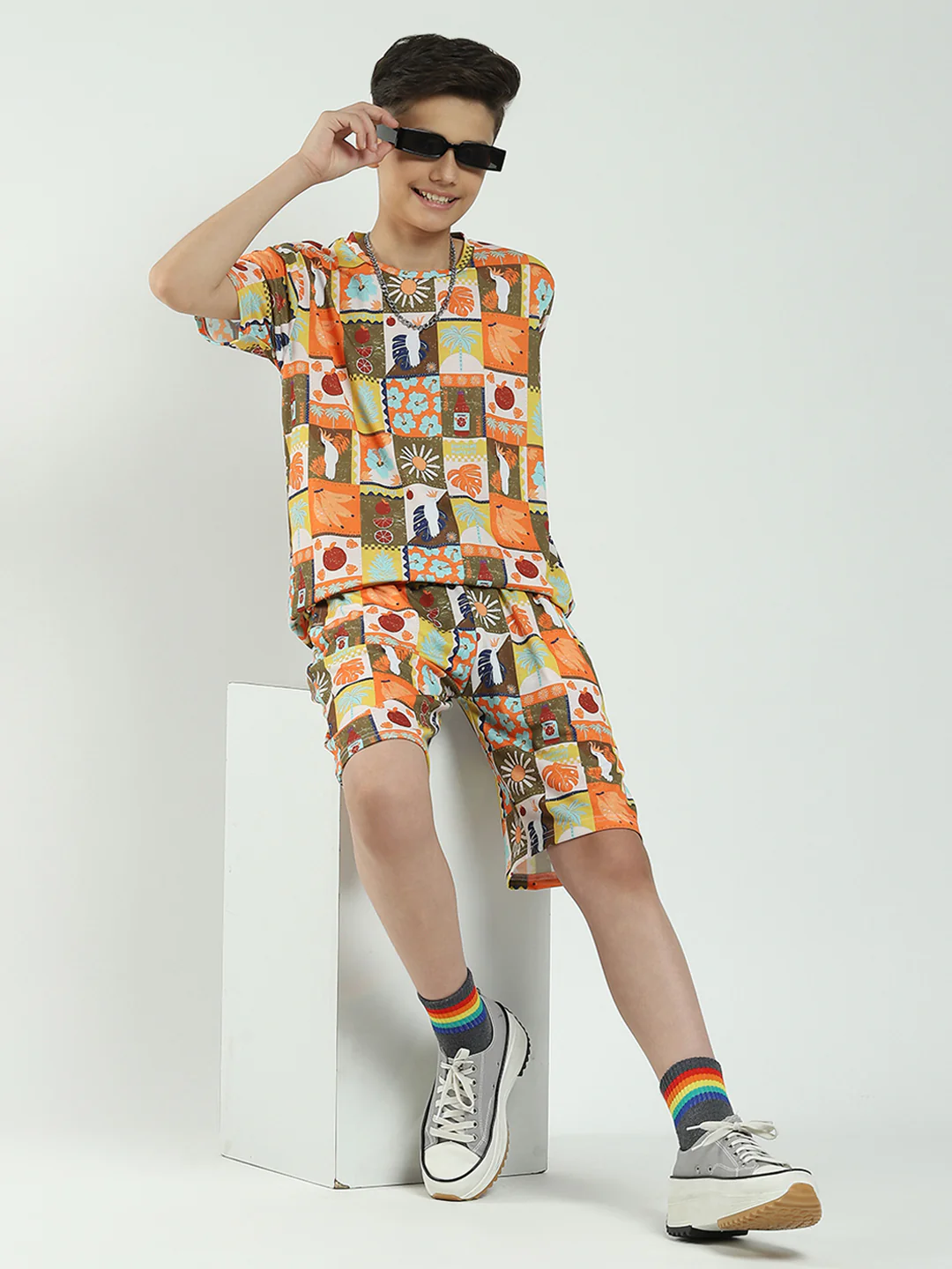 Boys Brown Printed Round Neck Half Sleeve Bermuda Set - Image 2