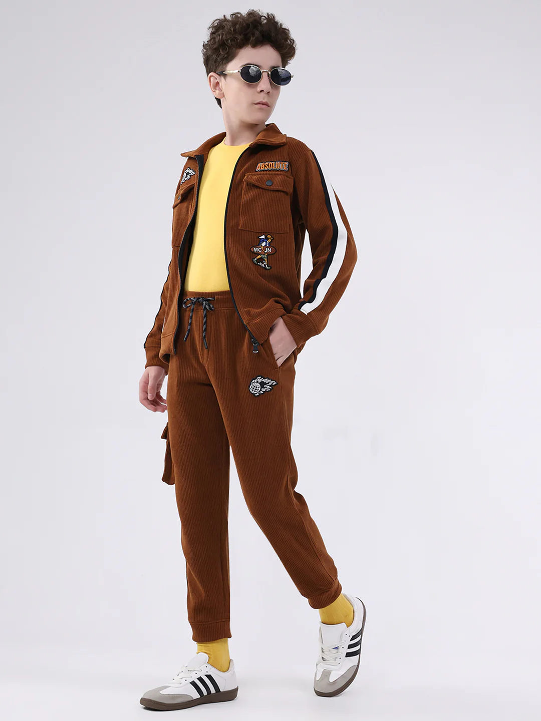 Boys Brown Self Design Collar Full Sleeve Cords Set - Image 2