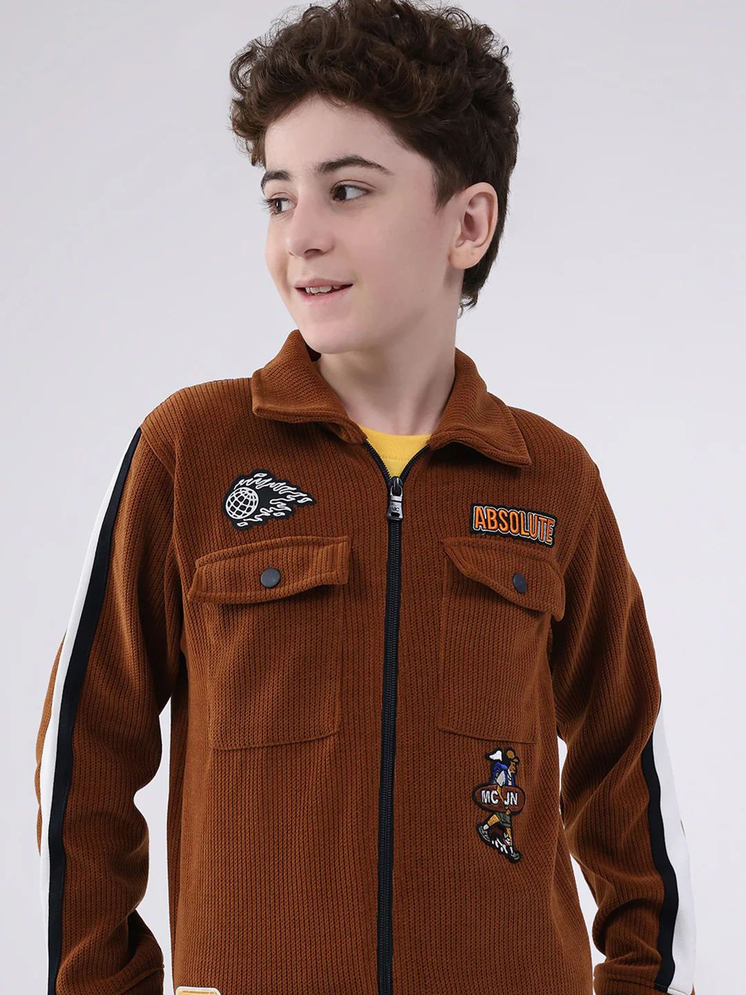 Boys Brown Self Design Collar Full Sleeve Cords Set - Image 6