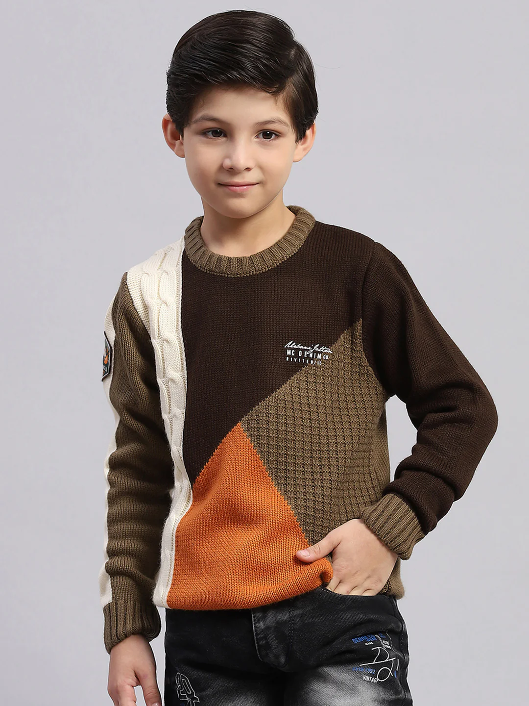 Boys Brown Self Design Round Neck Full Sleeve Sweater - Image 4