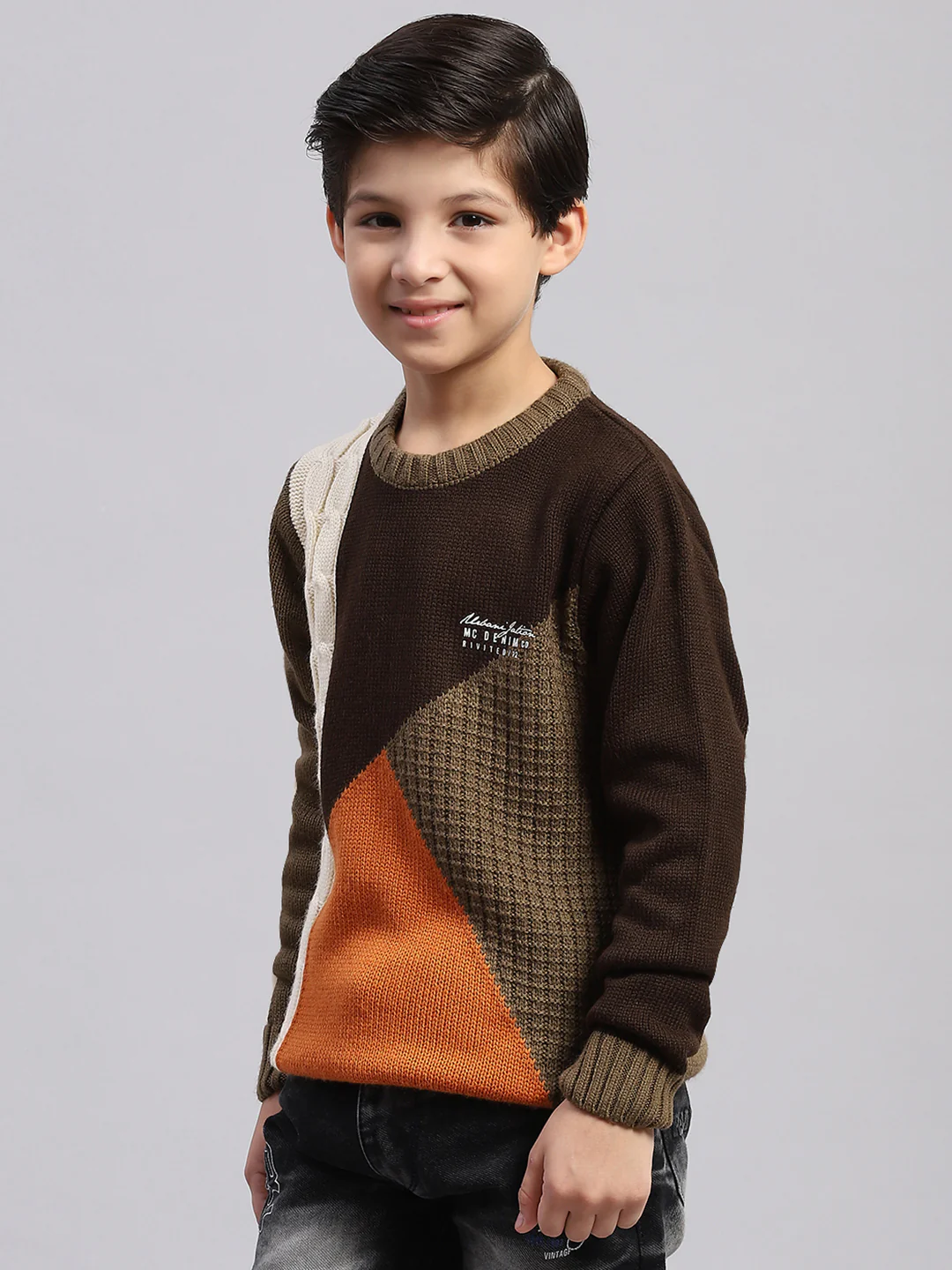Boys Brown Self Design Round Neck Full Sleeve Sweater - Image 5