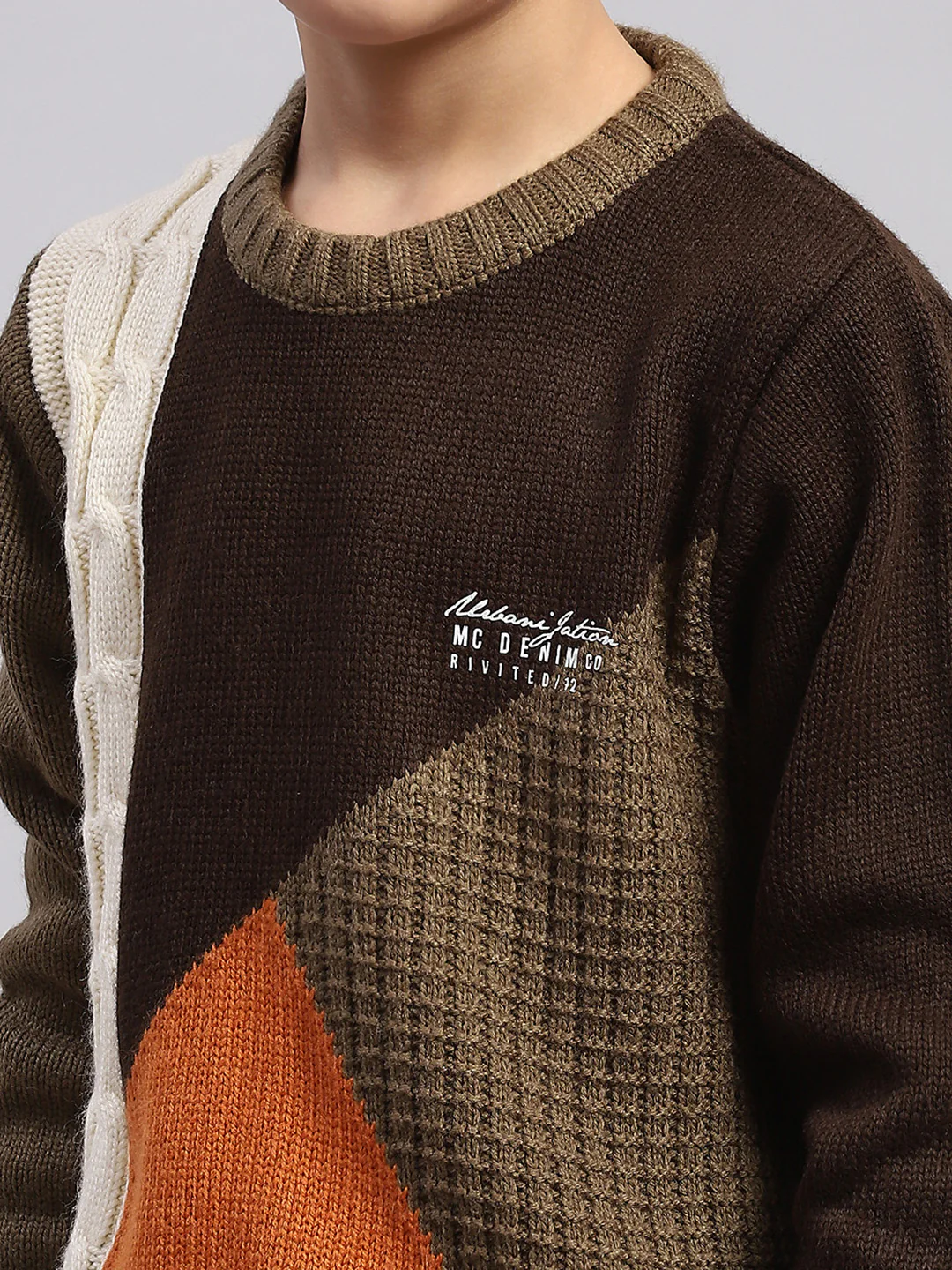 Boys Brown Self Design Round Neck Full Sleeve Sweater - Image 7