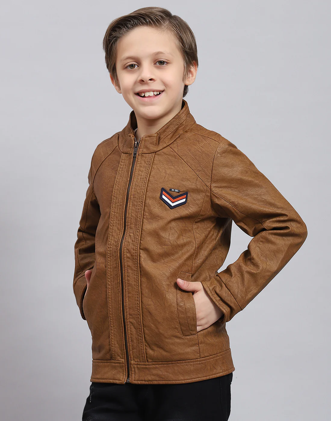 Boys Brown Solid Stand Collar Full Sleeve Boys Jacket - Image 3