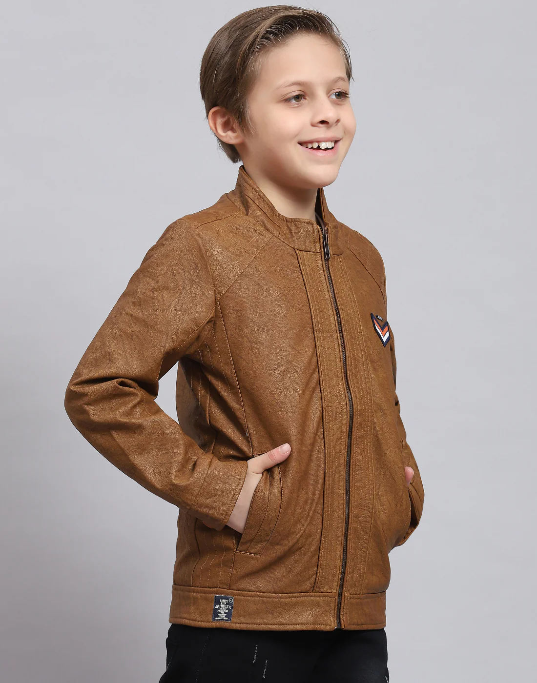 Boys Brown Solid Stand Collar Full Sleeve Boys Jacket - Image 4