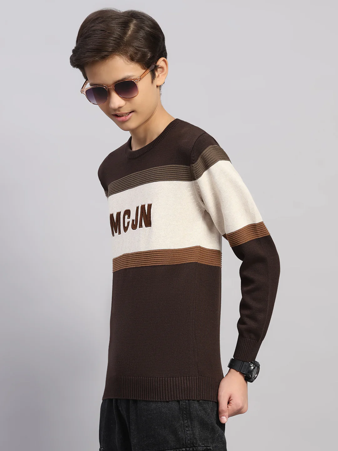 Boys Brown Stripe Round Neck Full Sleeve Pullover - Image 3