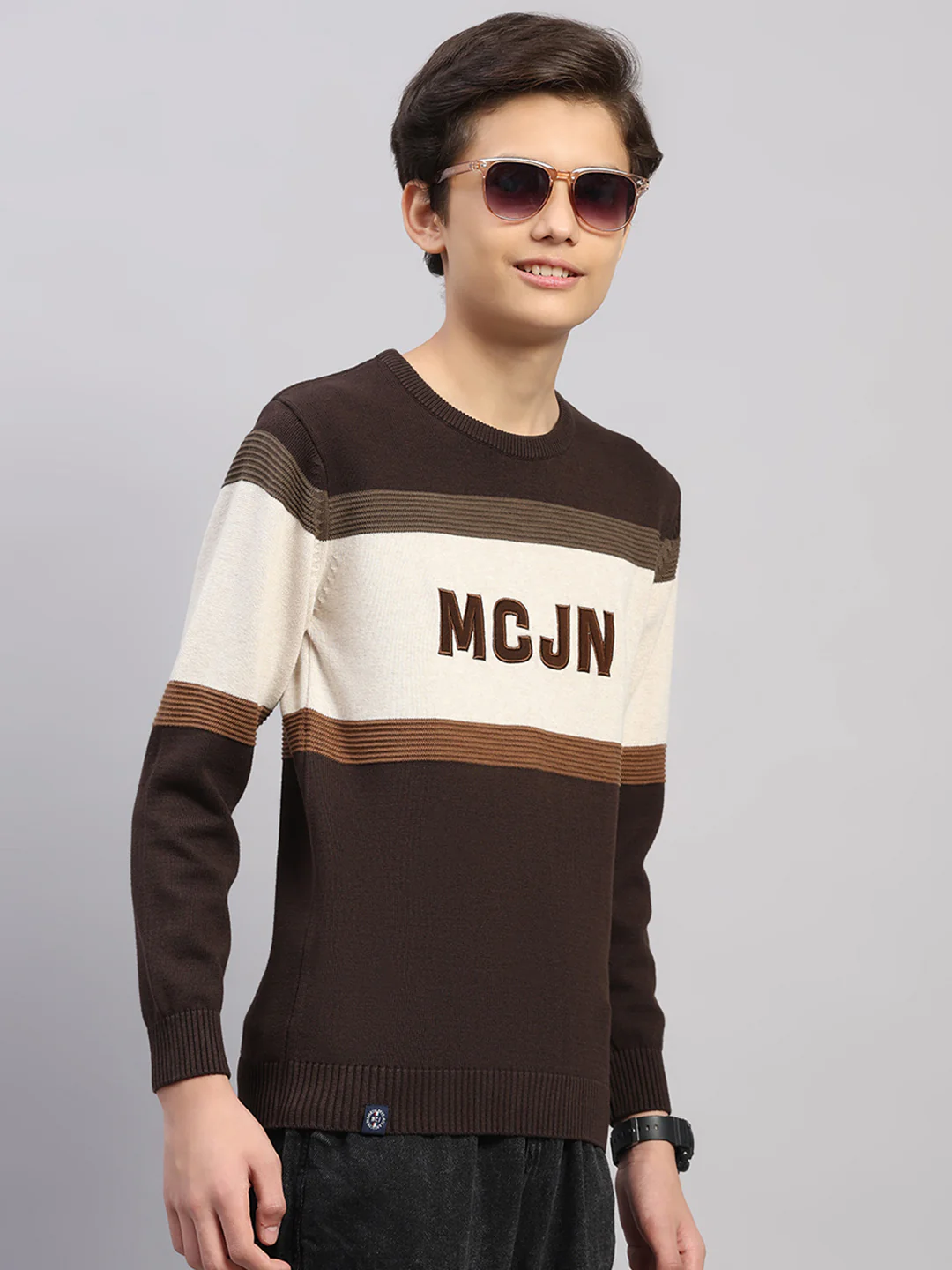 Boys Brown Stripe Round Neck Full Sleeve Pullover - Image 4