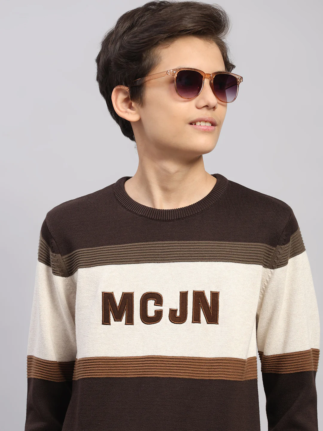 Boys Brown Stripe Round Neck Full Sleeve Pullover - Image 6