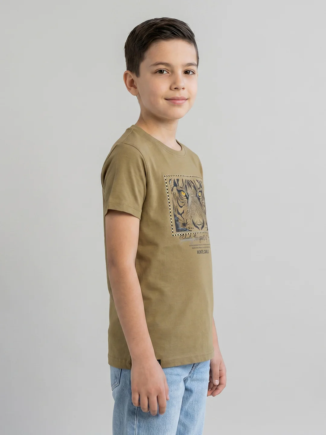 Boys Camel Brown Printed Round Neck Half Sleeve T-Shirt - Image 2