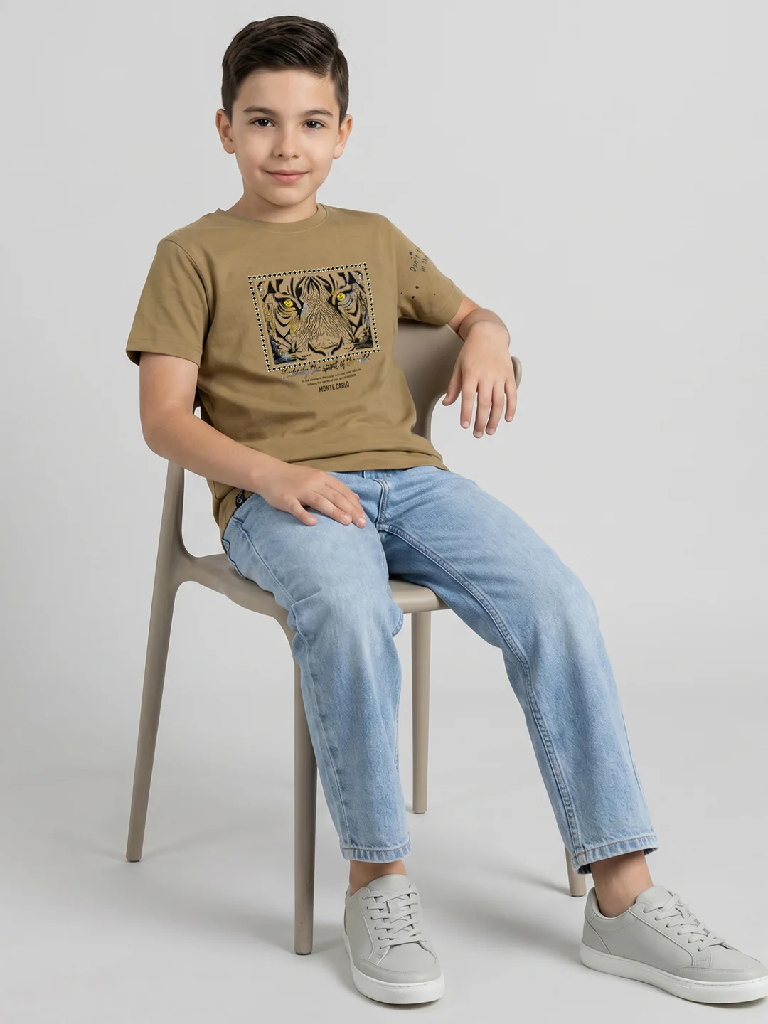 Boys Camel Brown Printed Round Neck Half Sleeve T-Shirt - Image 5