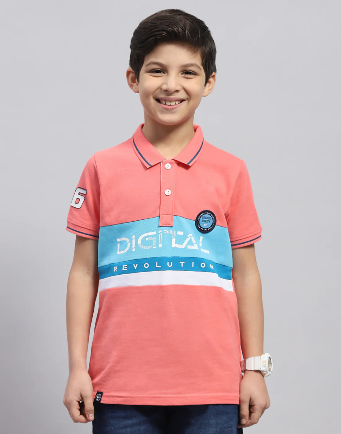 Boys Coral Printed Polo Collar Half Sleeve T-Shirt - Image 2